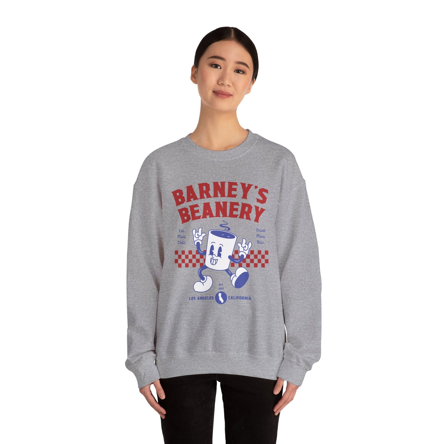 Eat More Chili. Drink More Beer. BARNEY'S BEANERY Red & Blue - Mens Retro Graphic Sweatshirt | Gildan 18000