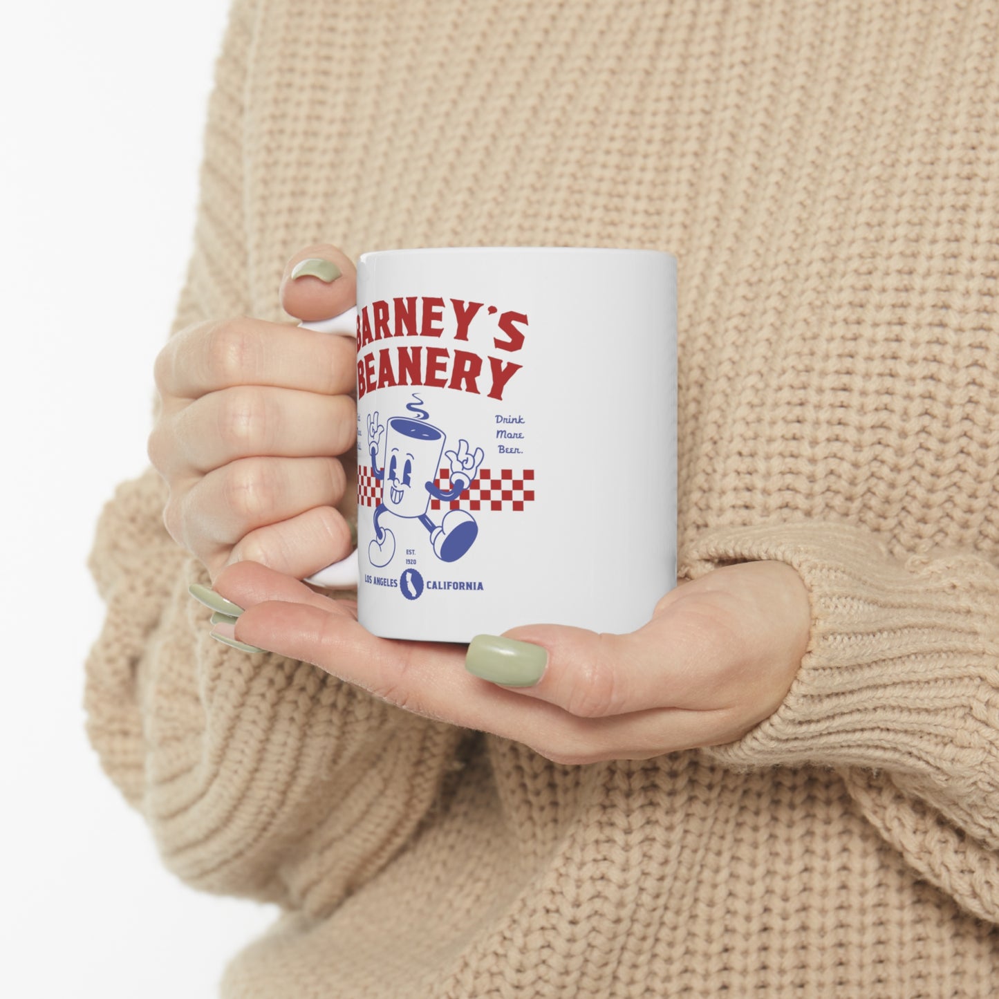 Eat More Chili. Drink More Beer. | BARNEY'S BEANERY - Red & Blue Coffee Mug 11oz