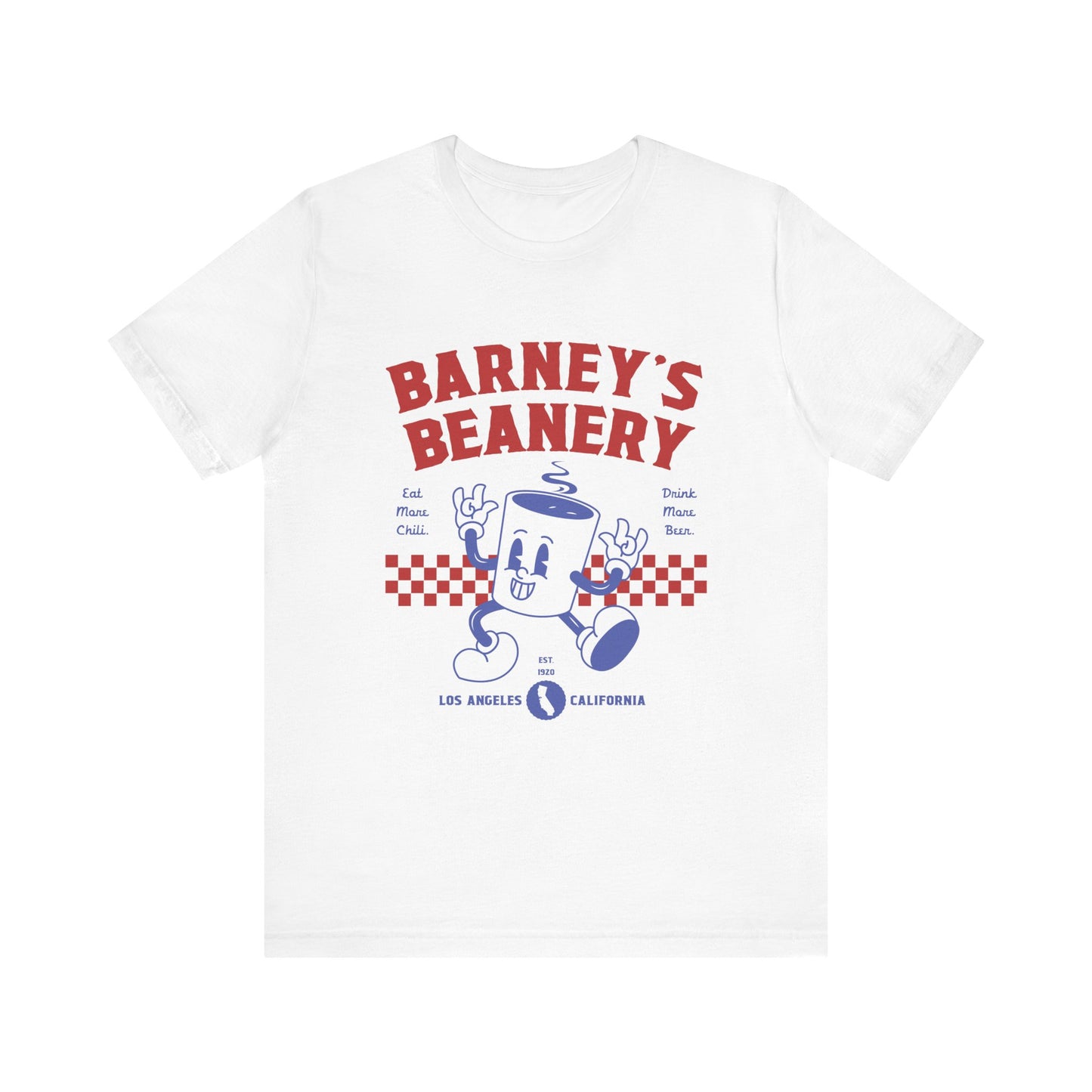 Eat More Chili. Drink More Beer. BARNEY'S BEANERY Red & Blue - Mens Retro Graphic Tee | Bella + Canvas 3001 - Retro Character On FRONT