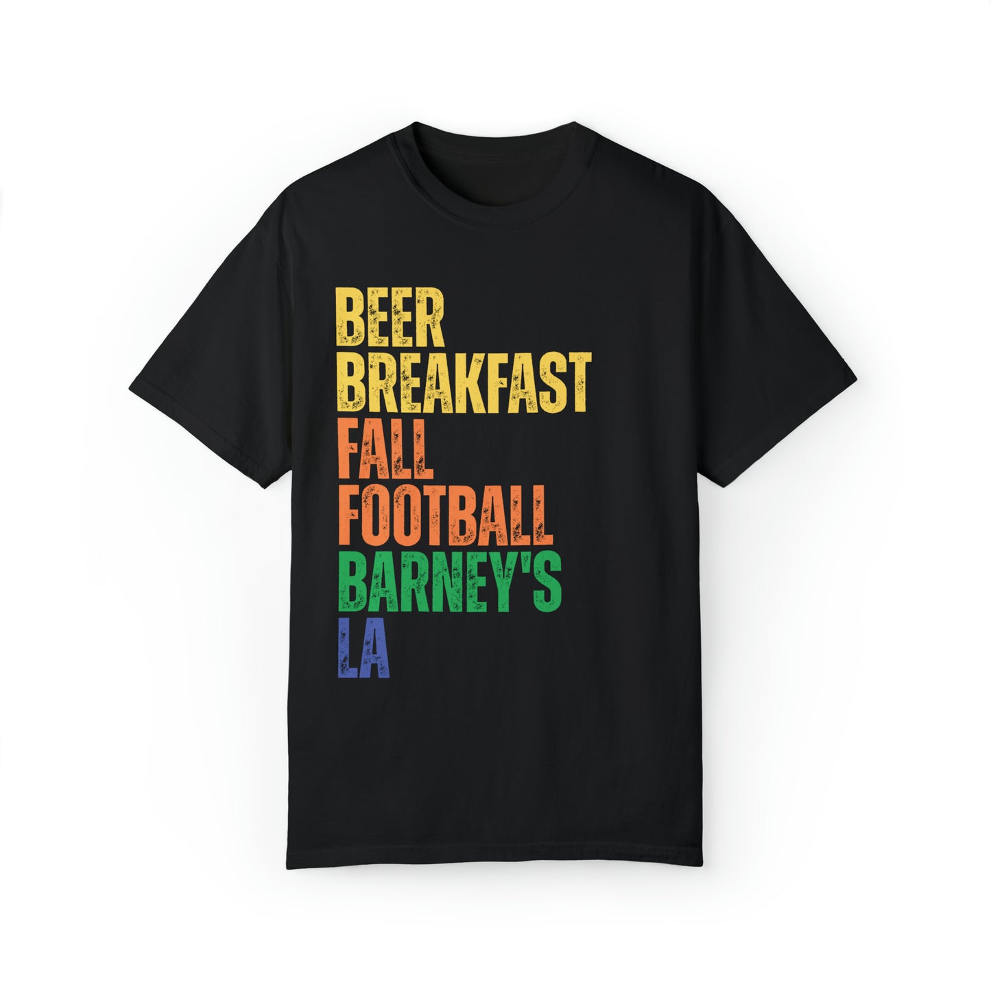 Beer Breakfast Fall Football | BARNEY'S BEANERY - Men's Graphic Tee | Black Comfort Colors 1717 T-Shirt, Front View Flat Lay