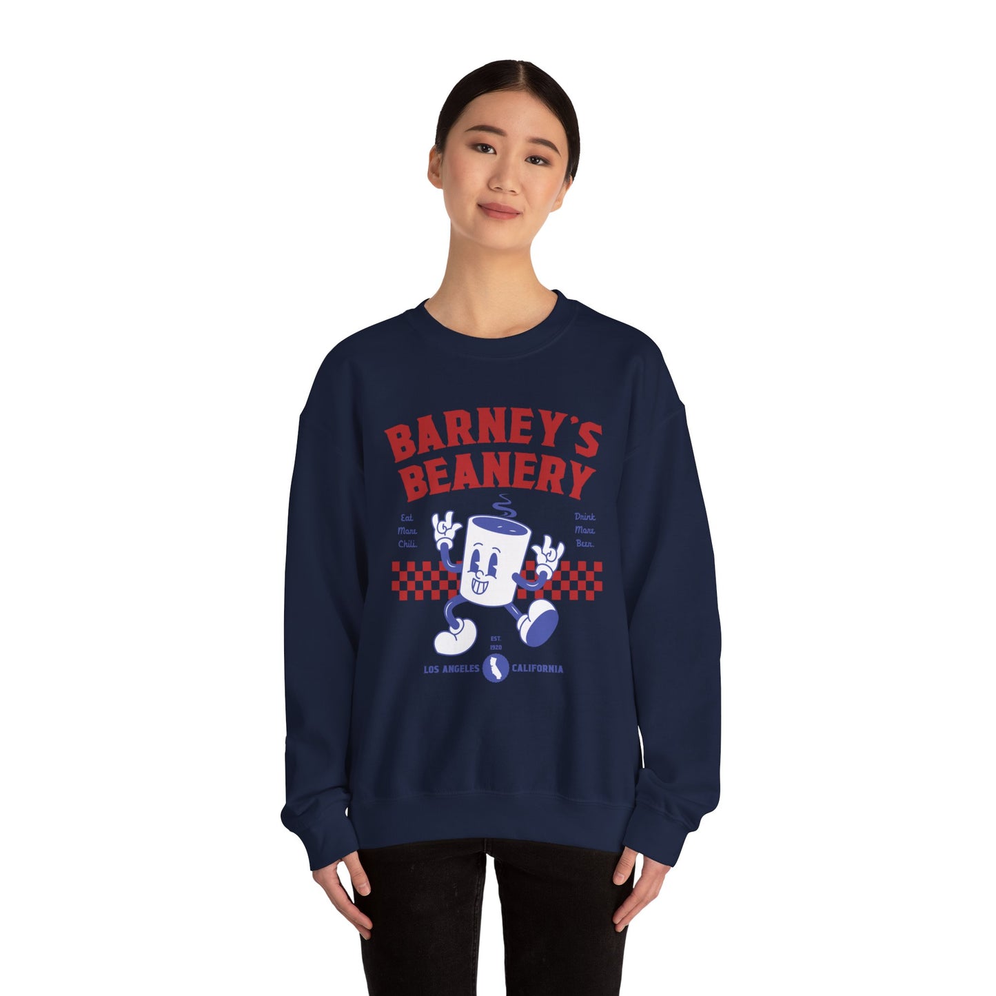 Eat More Chili. Drink More Beer. BARNEY'S BEANERY Red & Blue - Mens Retro Graphic Sweatshirt | Gildan 18000