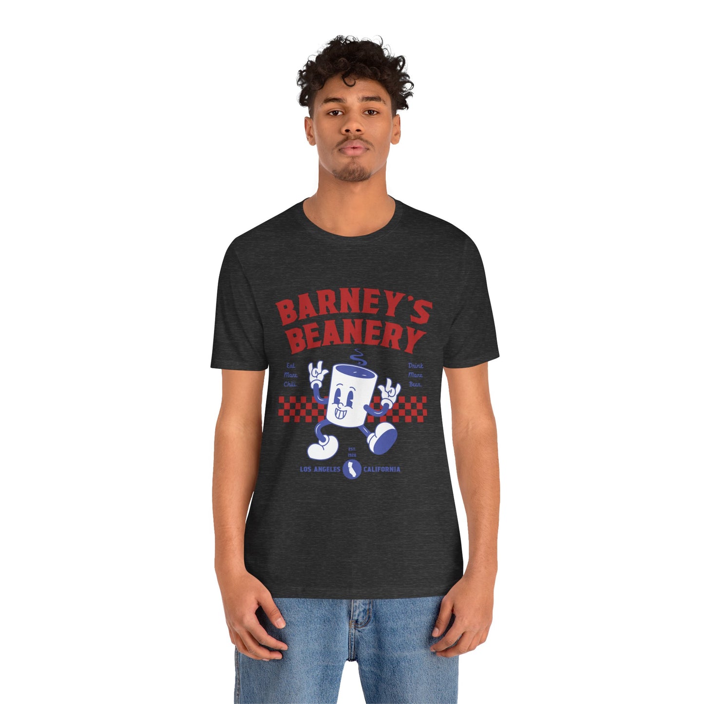 Eat More Chili. Drink More Beer. BARNEY'S BEANERY Red & Blue - Mens Retro Graphic Tee | Bella + Canvas 3001 - Retro Character On FRONT