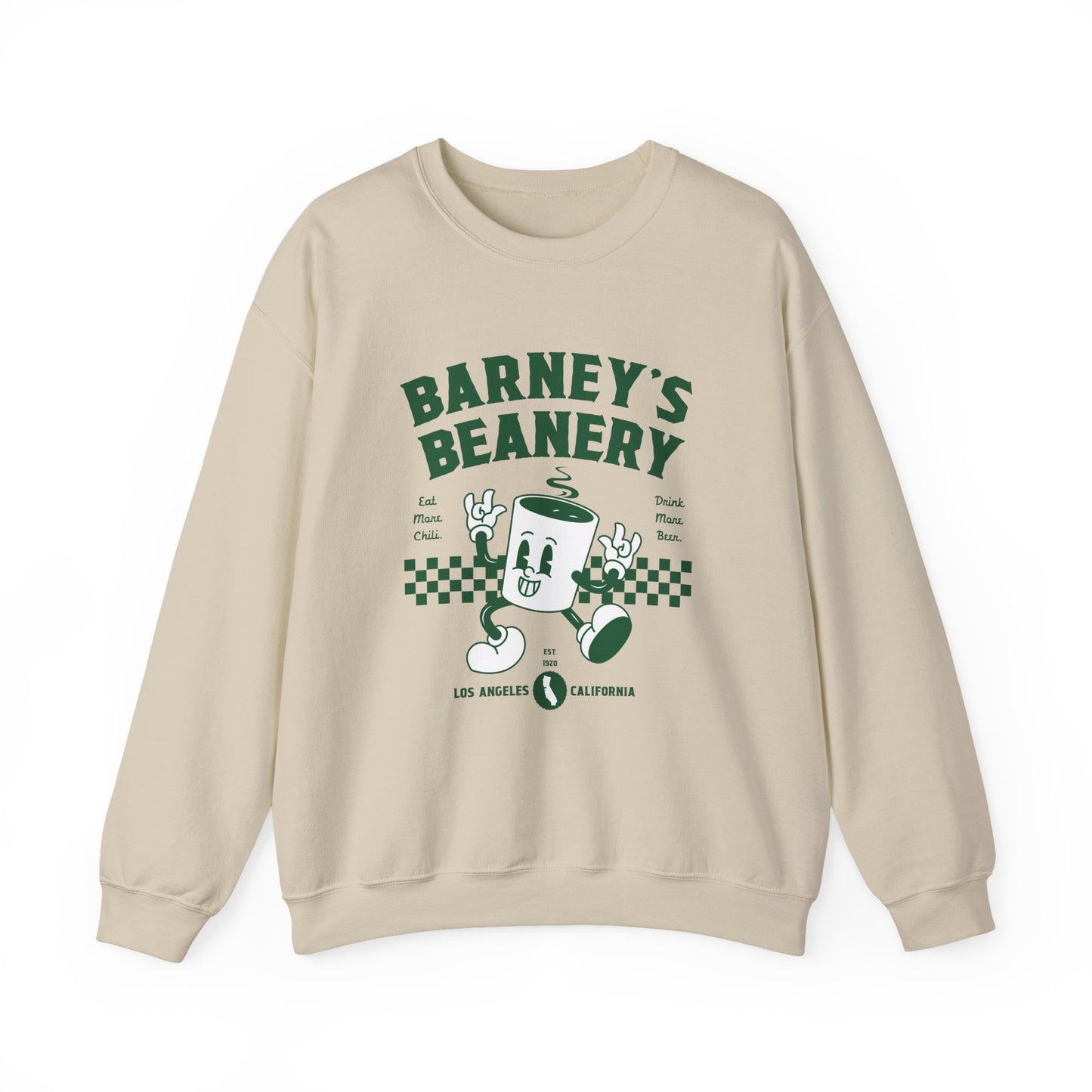 Eat More Chili. Drink More Beer. BARNEY'S BEANERY Green - Mens Retro Graphic Sweatshirt | Gildan 18000