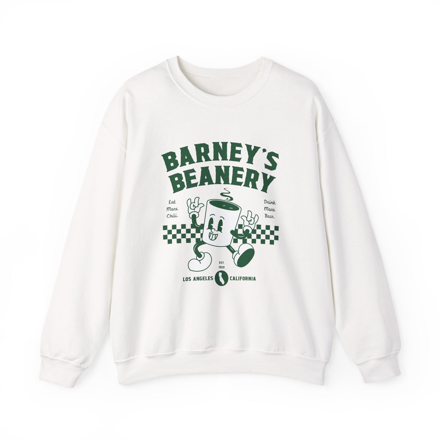 Eat More Chili. Drink More Beer. BARNEY'S BEANERY Green - Mens Retro Graphic Sweatshirt | Gildan 18000