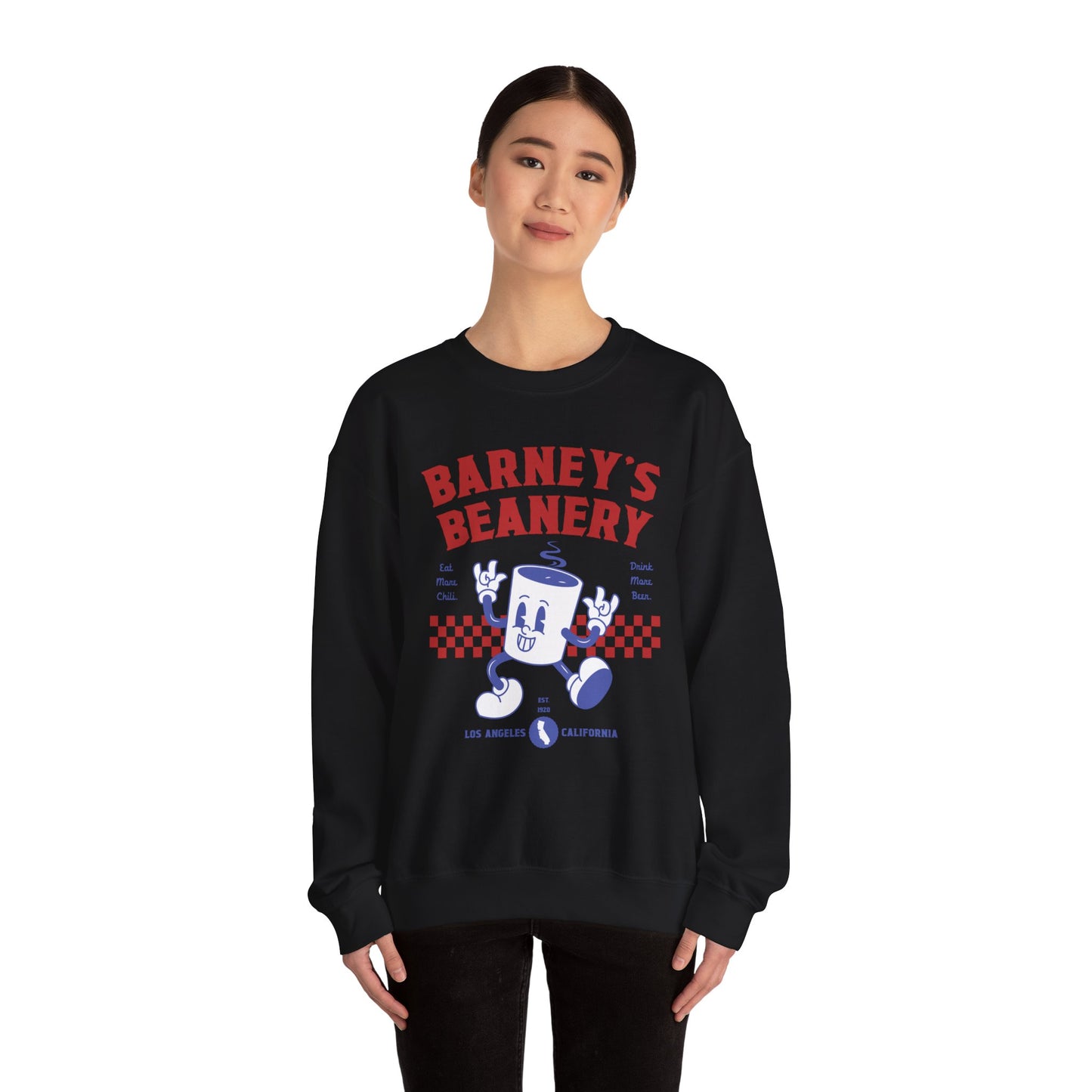 Eat More Chili. Drink More Beer. BARNEY'S BEANERY Red & Blue - Mens Retro Graphic Sweatshirt | Gildan 18000