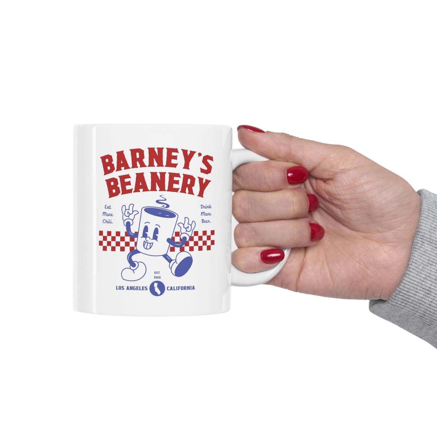 Eat More Chili. Drink More Beer. | BARNEY'S BEANERY - Red & Blue Coffee Mug 11oz