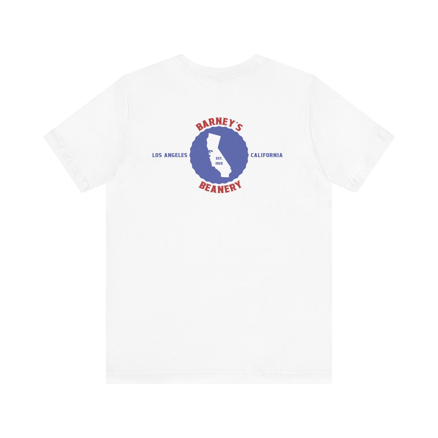 Eat More Chili. Drink More Beer. BARNEY'S BEANERY Red & Blue - Mens Retro Graphic Tee | Bella + Canvas 3001 - Retro Character On FRONT
