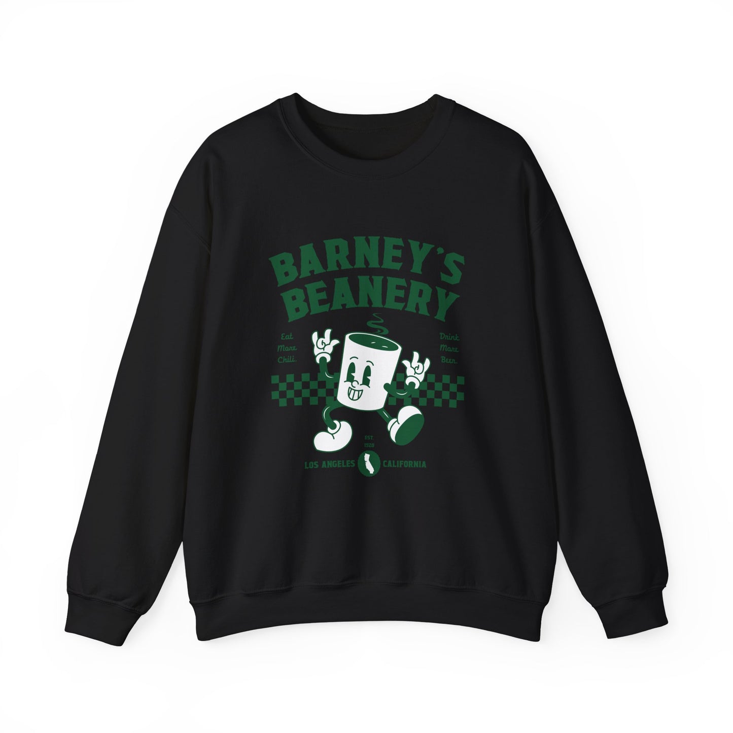 Eat More Chili. Drink More Beer. BARNEY'S BEANERY Green - Mens Retro Graphic Sweatshirt | Gildan 18000