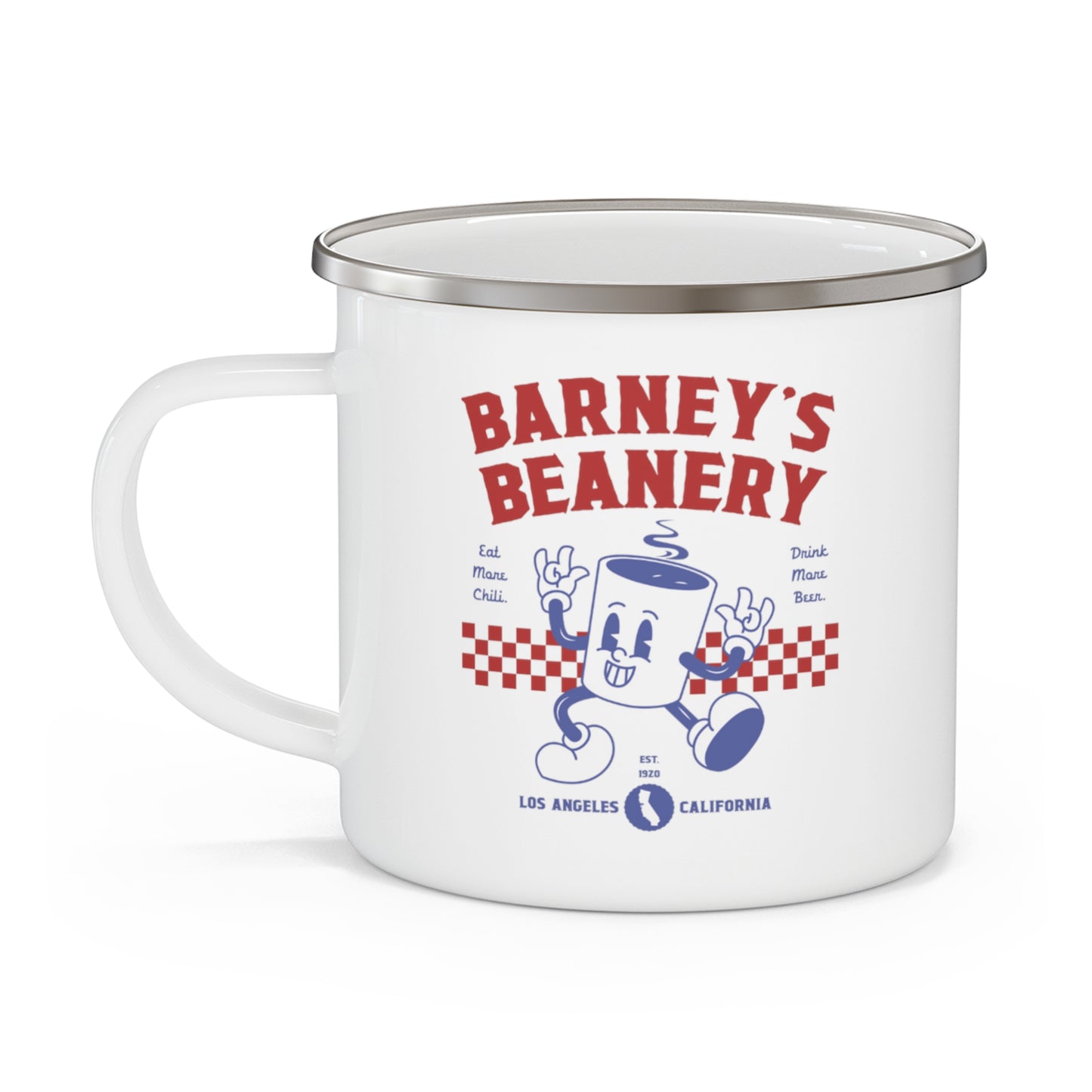 Eat More Chili. Drink More Beer. | BARNEY'S BEANERY - Red & Blue Camping Mug 12oz