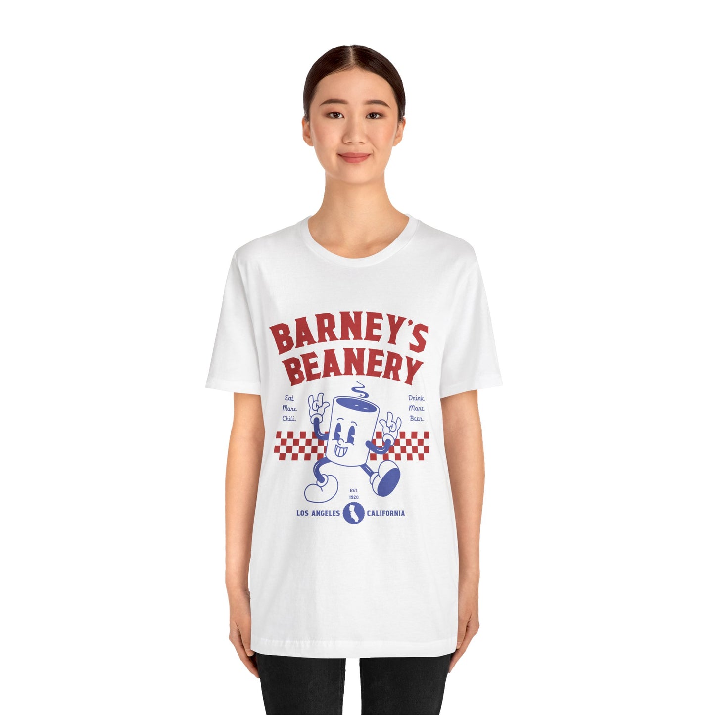 Eat More Chili. Drink More Beer. BARNEY'S BEANERY Red & Blue - Mens Retro Graphic Tee | Bella + Canvas 3001 - Retro Character On FRONT