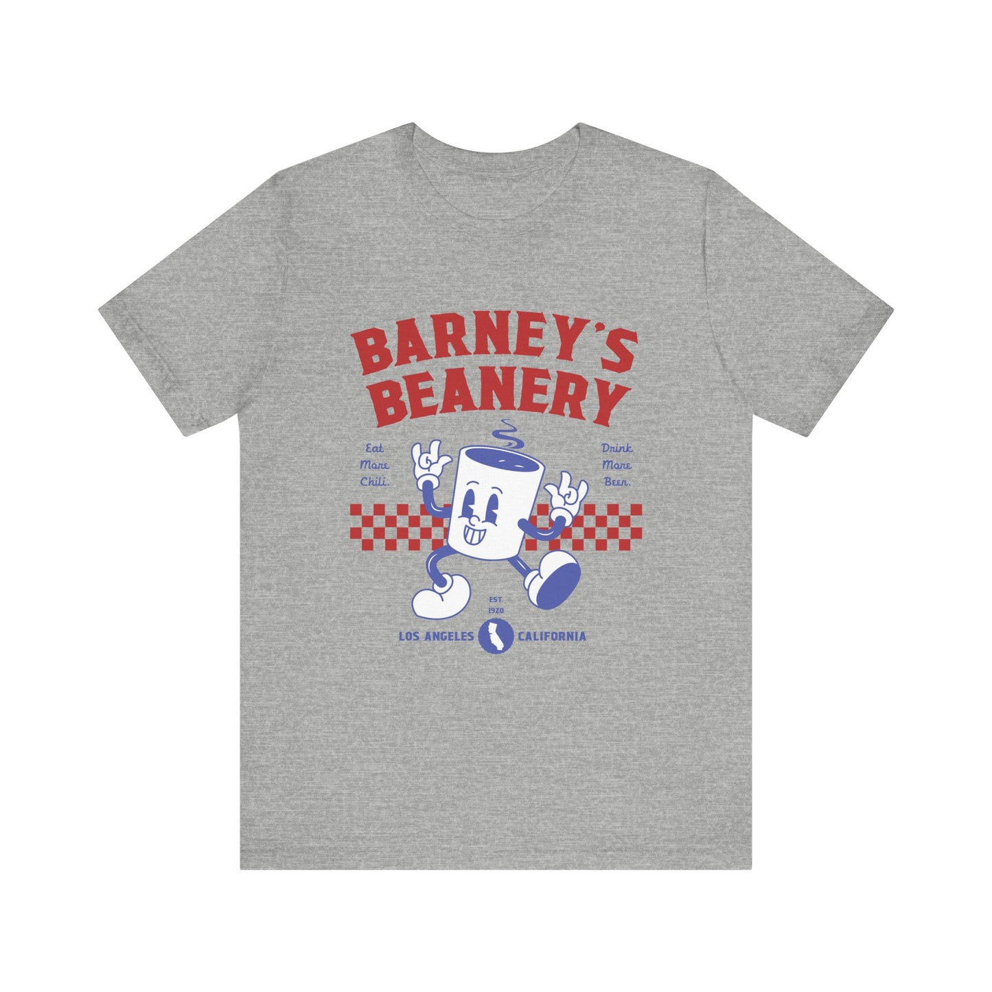 Eat More Chili. Drink More Beer. BARNEY'S BEANERY Red & Blue - Mens Retro Graphic Tee | Bella + Canvas 3001 - Retro Character On FRONT