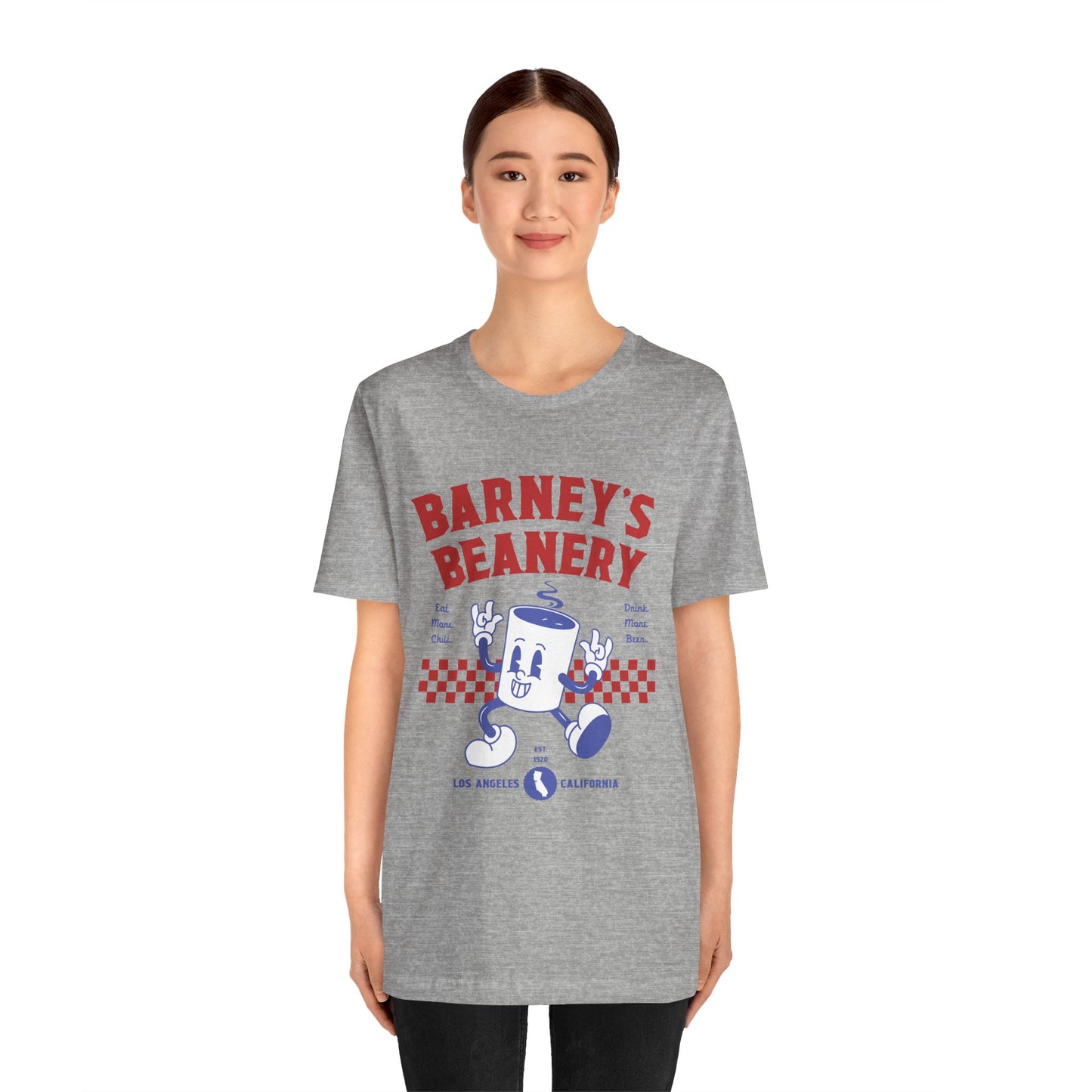 Eat More Chili. Drink More Beer. BARNEY'S BEANERY Red & Blue - Mens Retro Graphic Tee | Bella + Canvas 3001 - Retro Character On FRONT