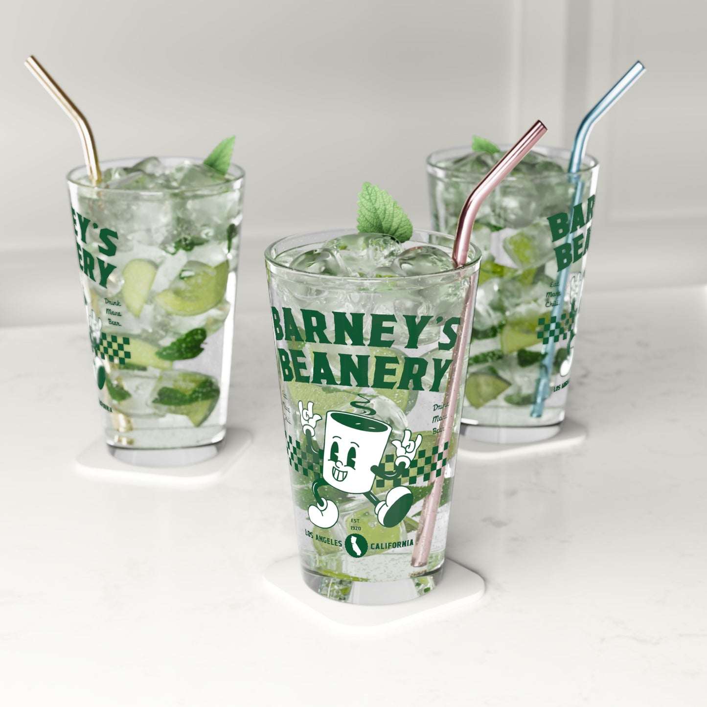 Eat More Chili. Drink More Beer. | BARNEY'S BEANERY - Green Pint Glass 16oz