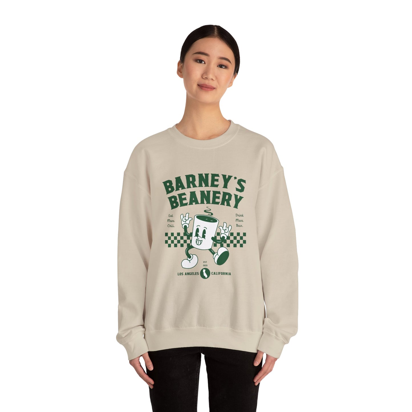 Eat More Chili. Drink More Beer. BARNEY'S BEANERY Green - Mens Retro Graphic Sweatshirt | Gildan 18000