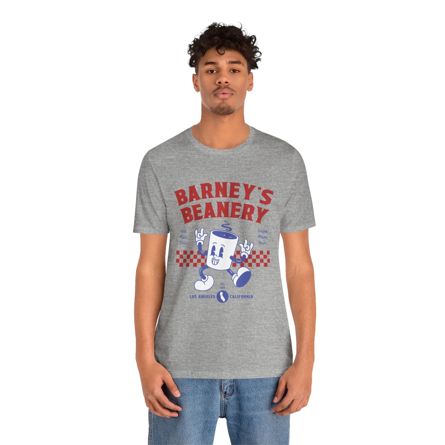 Eat More Chili. Drink More Beer. BARNEY'S BEANERY Red & Blue - Mens Retro Graphic Tee | Bella + Canvas 3001 - Retro Character On FRONT