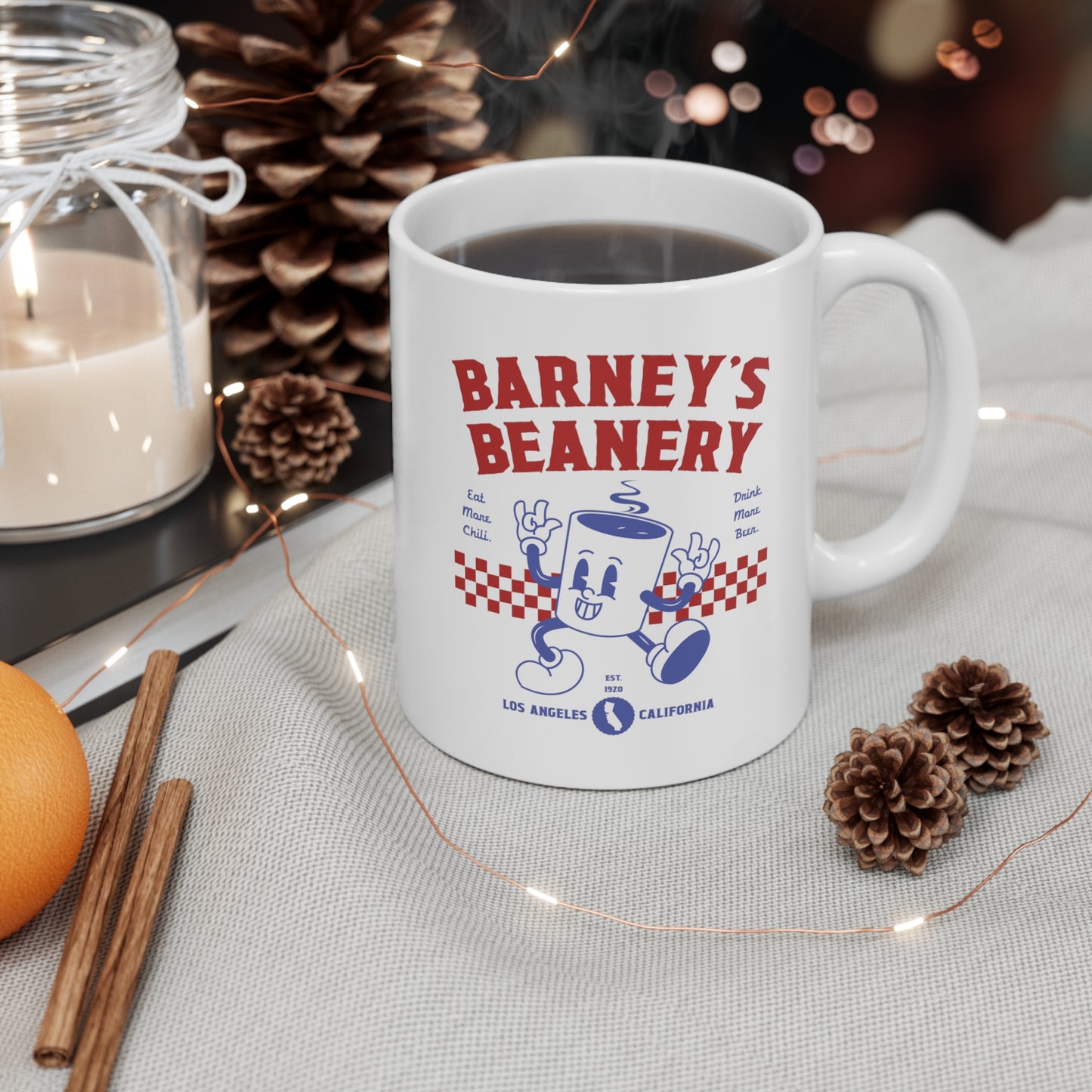 Eat More Chili. Drink More Beer. | BARNEY'S BEANERY - Red & Blue Coffee Mug 11oz