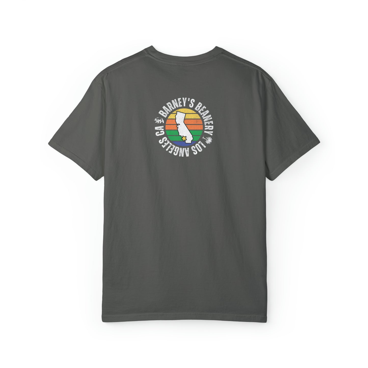 Beer Breakfast Fall Football | BARNEY'S BEANERY - Men's Graphic Tee | Pepper Comfort Colors 1717 T-Shirt, Back View Flat Lay