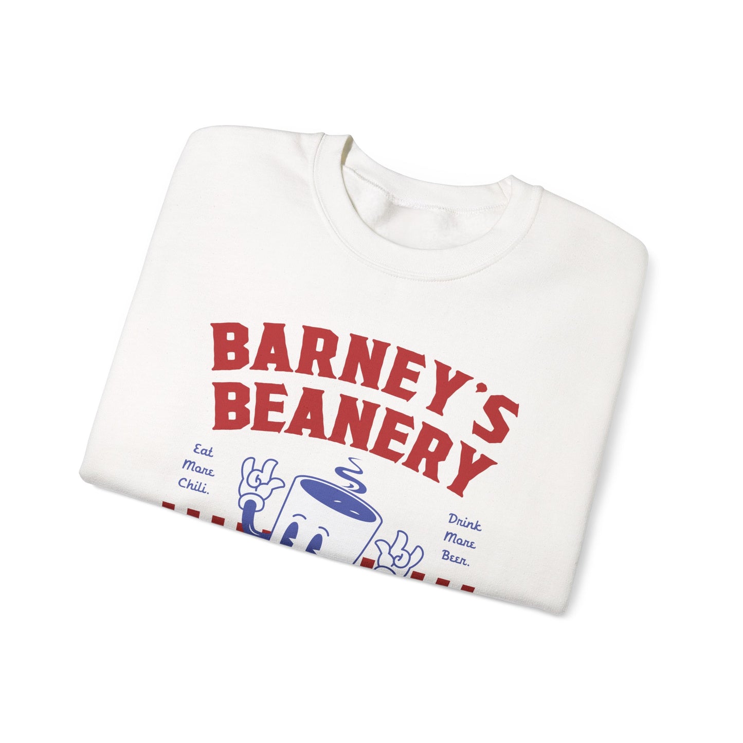 Eat More Chili. Drink More Beer. BARNEY'S BEANERY Red & Blue - Mens Retro Graphic Sweatshirt | Gildan 18000