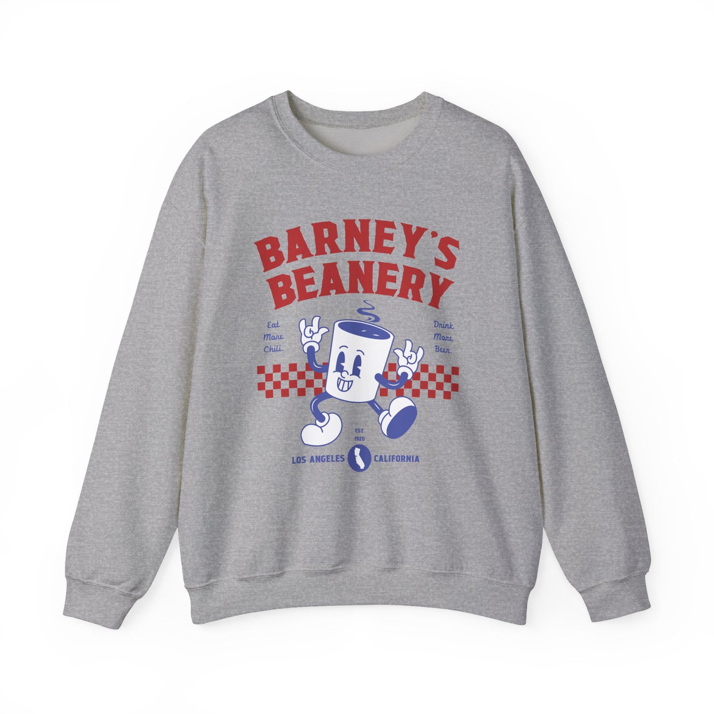 Eat More Chili. Drink More Beer. BARNEY'S BEANERY Red & Blue - Mens Retro Graphic Sweatshirt | Gildan 18000