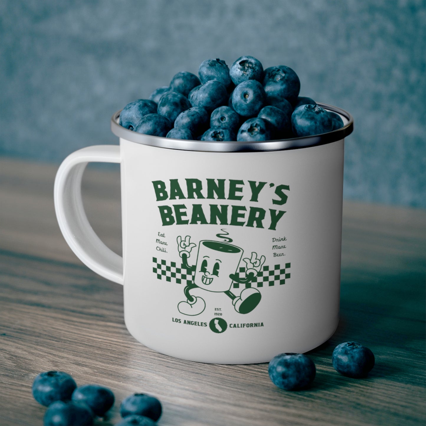 Eat More Chili. Drink More Beer. | BARNEY'S BEANERY - Green Camping Mug 12oz