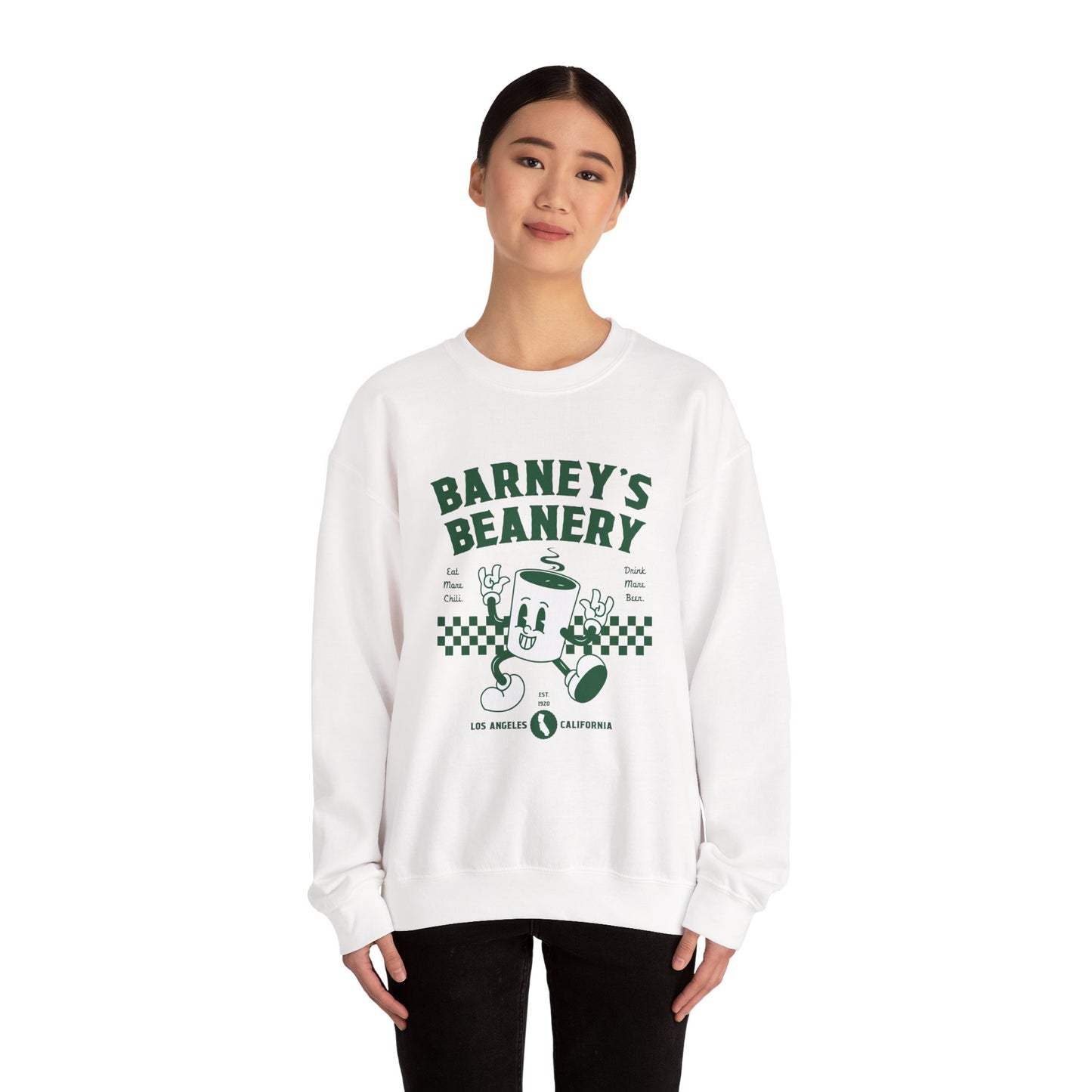 Eat More Chili. Drink More Beer. BARNEY'S BEANERY Green - Mens Retro Graphic Sweatshirt | Gildan 18000