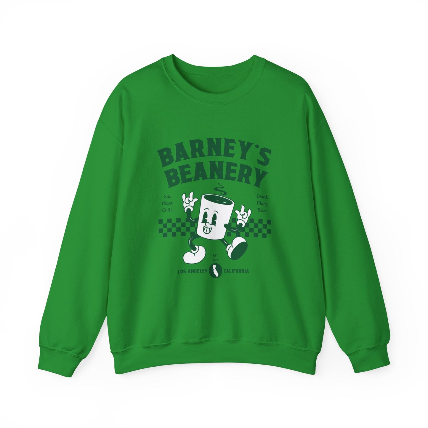 Eat More Chili. Drink More Beer. BARNEY'S BEANERY Green - Mens Retro Graphic Sweatshirt | Gildan 18000