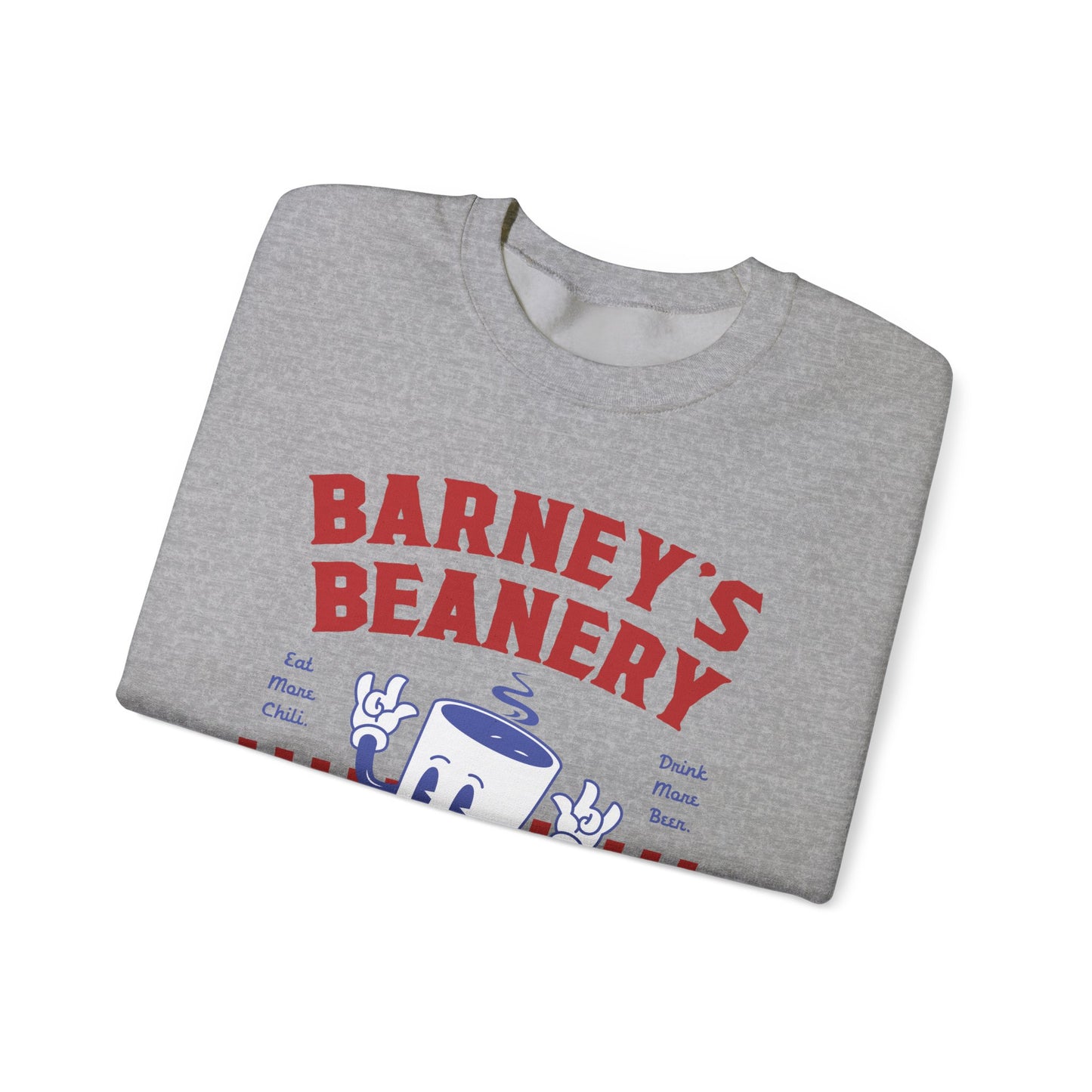 Eat More Chili. Drink More Beer. BARNEY'S BEANERY Red & Blue - Mens Retro Graphic Sweatshirt | Gildan 18000