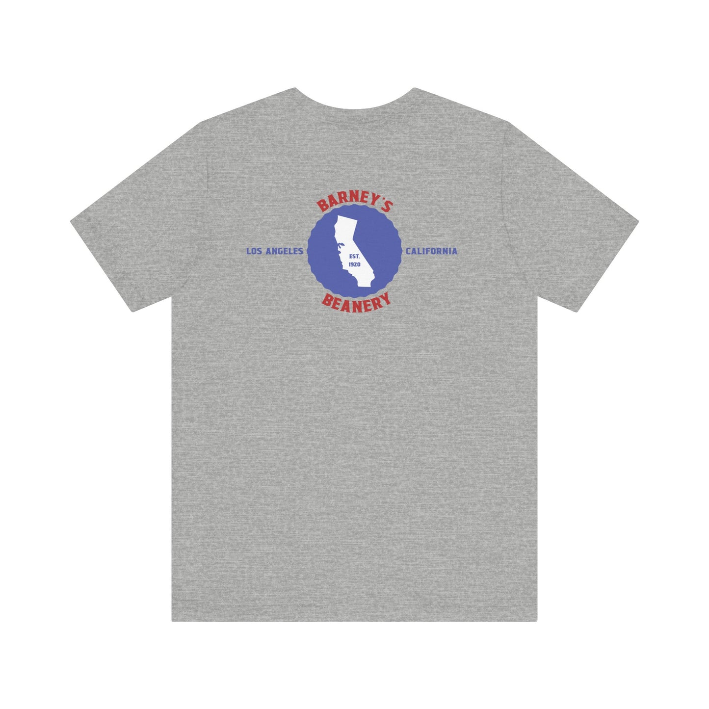 Eat More Chili. Drink More Beer. BARNEY'S BEANERY Red & Blue - Mens Retro Graphic Tee | Bella + Canvas 3001 - Retro Character On FRONT