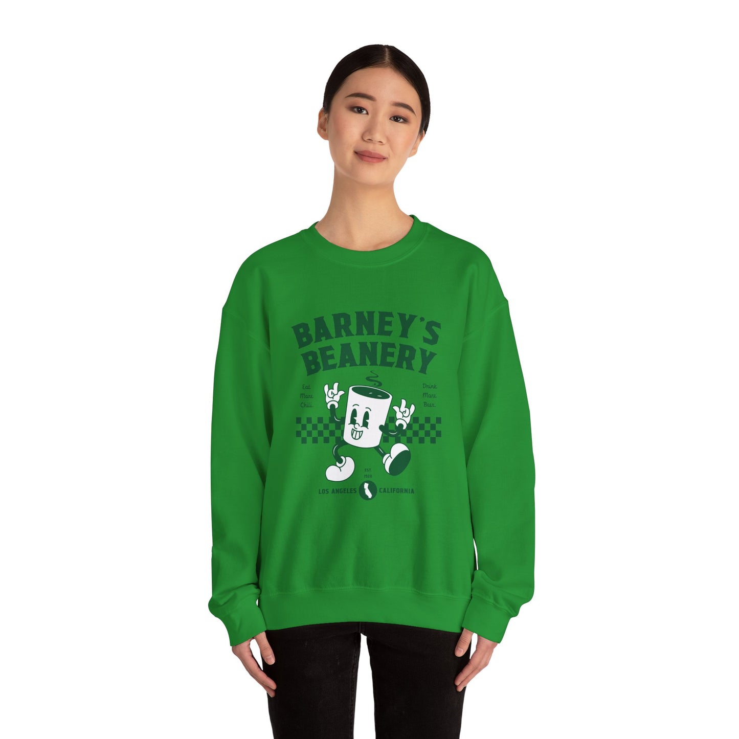 Eat More Chili. Drink More Beer. BARNEY'S BEANERY Green - Mens Retro Graphic Sweatshirt | Gildan 18000