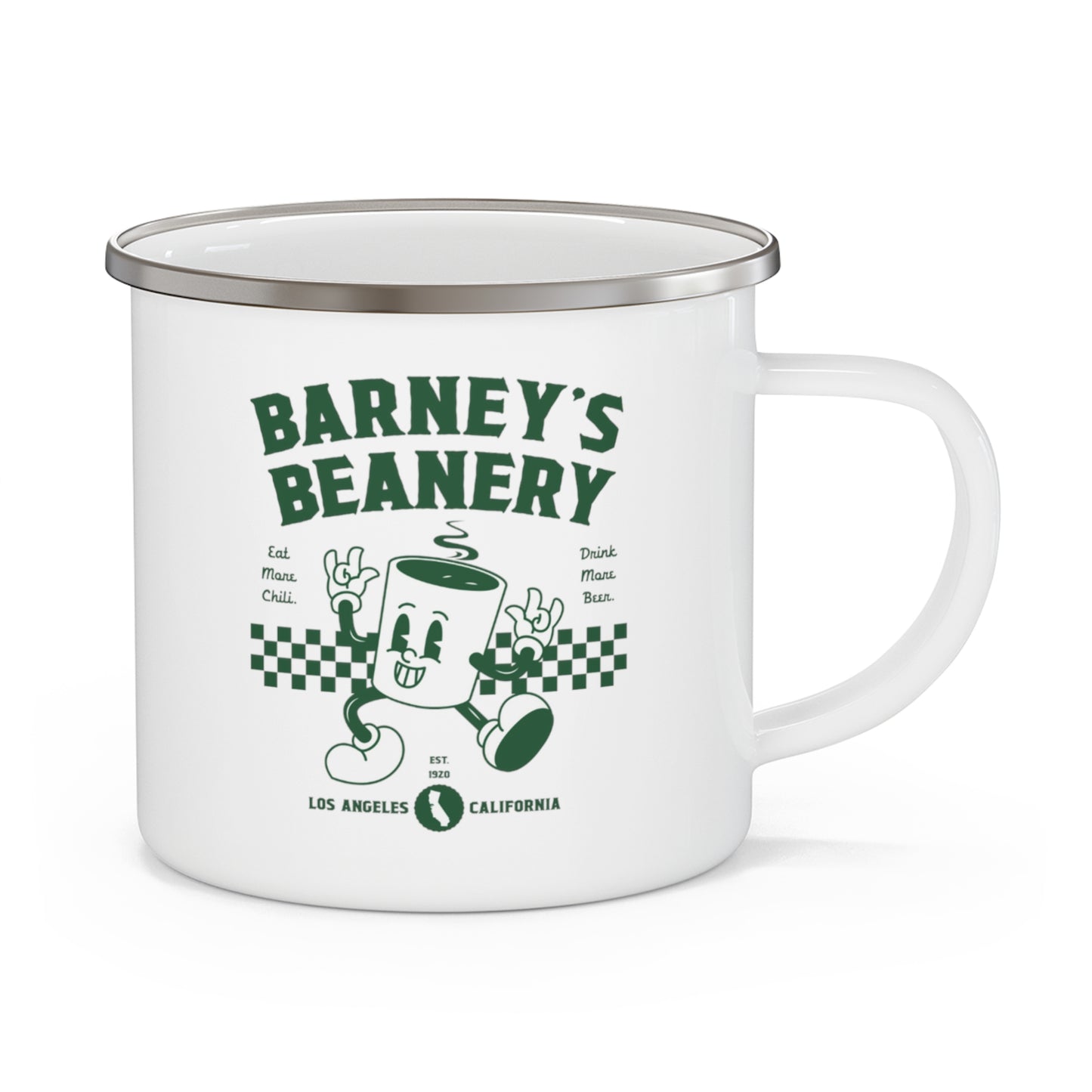 Eat More Chili. Drink More Beer. | BARNEY'S BEANERY - Green Camping Mug 12oz