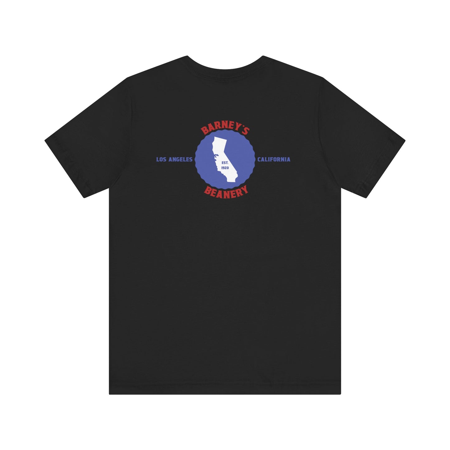 Eat More Chili. Drink More Beer. BARNEY'S BEANERY Red & Blue - Mens Retro Graphic Tee | Bella + Canvas 3001 - Retro Character On FRONT