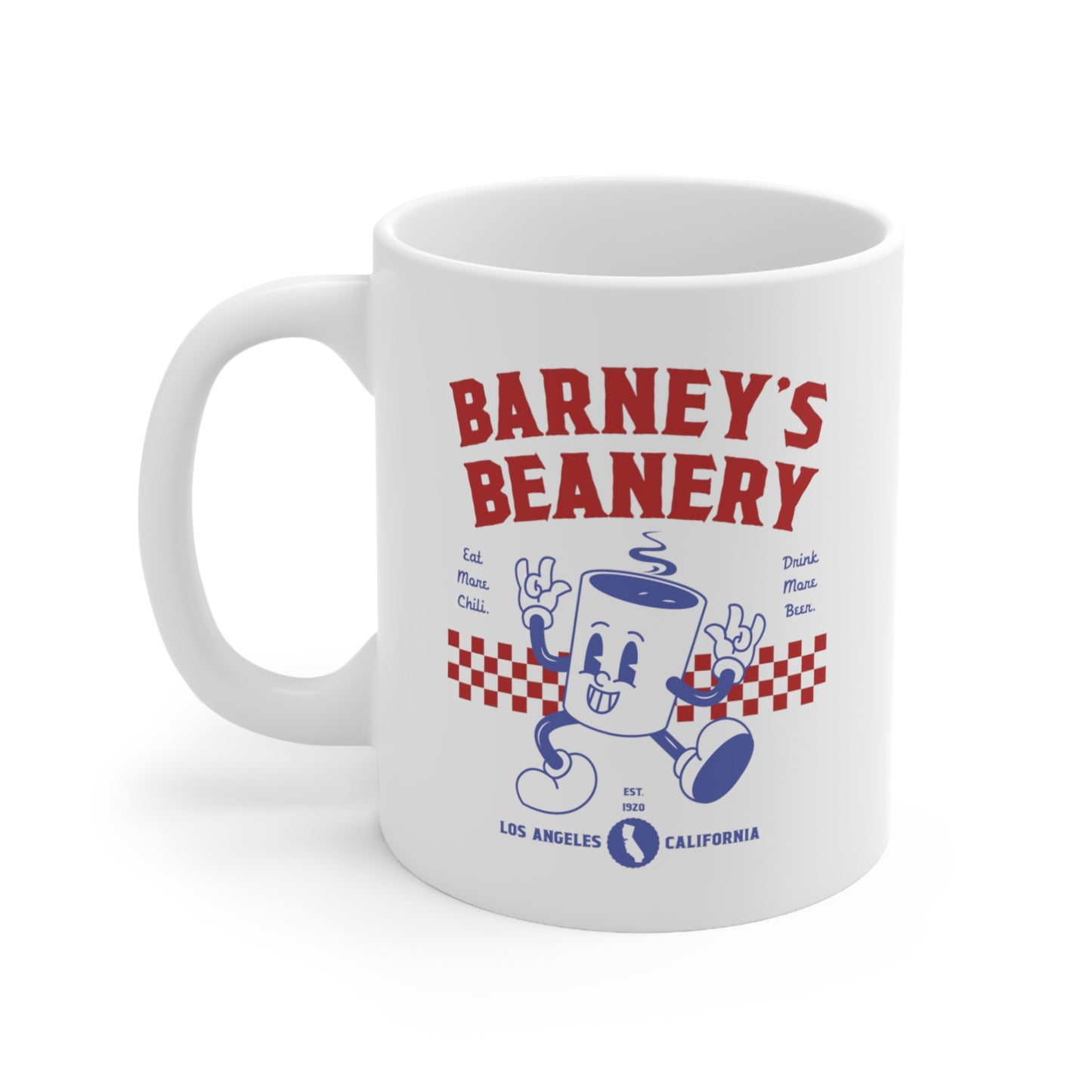 Eat More Chili. Drink More Beer. | BARNEY'S BEANERY - Red & Blue Coffee Mug 11oz