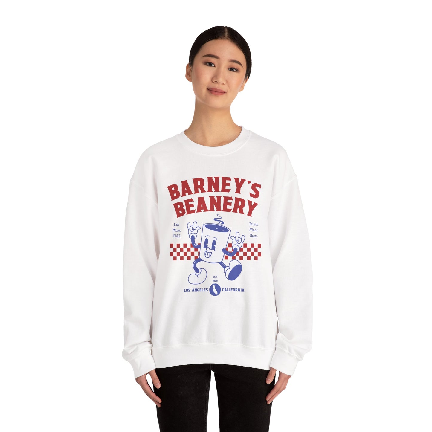 Eat More Chili. Drink More Beer. BARNEY'S BEANERY Red & Blue - Mens Retro Graphic Sweatshirt | Gildan 18000