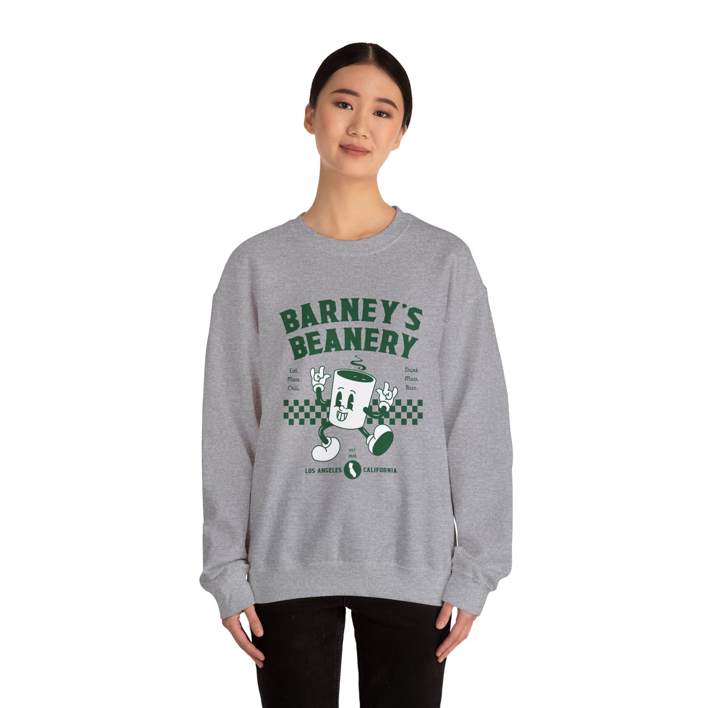 Eat More Chili. Drink More Beer. BARNEY'S BEANERY Green - Mens Retro Graphic Sweatshirt | Gildan 18000