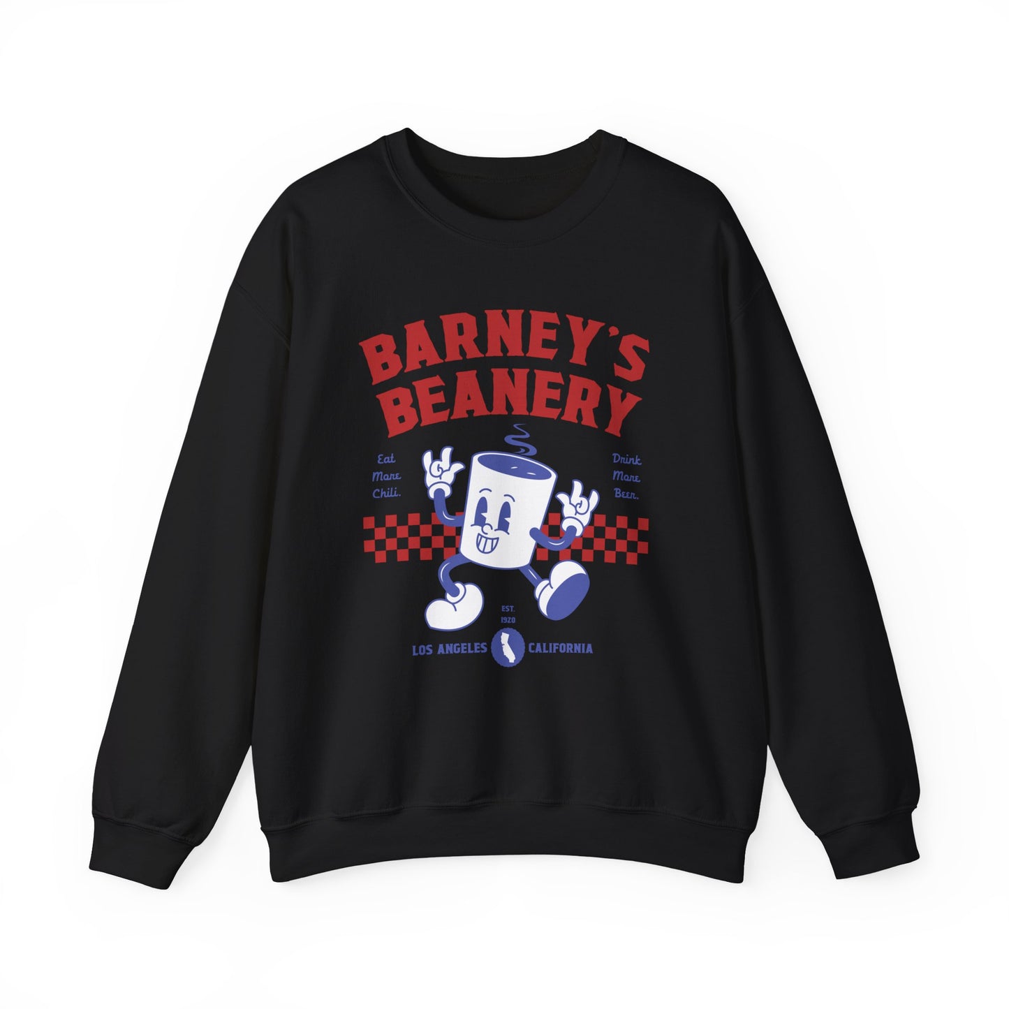 Eat More Chili. Drink More Beer. BARNEY'S BEANERY Red & Blue - Mens Retro Graphic Sweatshirt | Gildan 18000