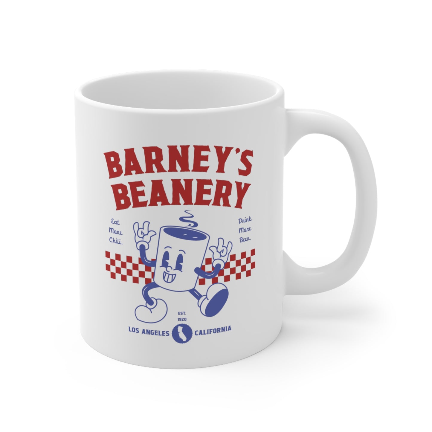 Eat More Chili. Drink More Beer. | BARNEY'S BEANERY - Red & Blue Coffee Mug 11oz