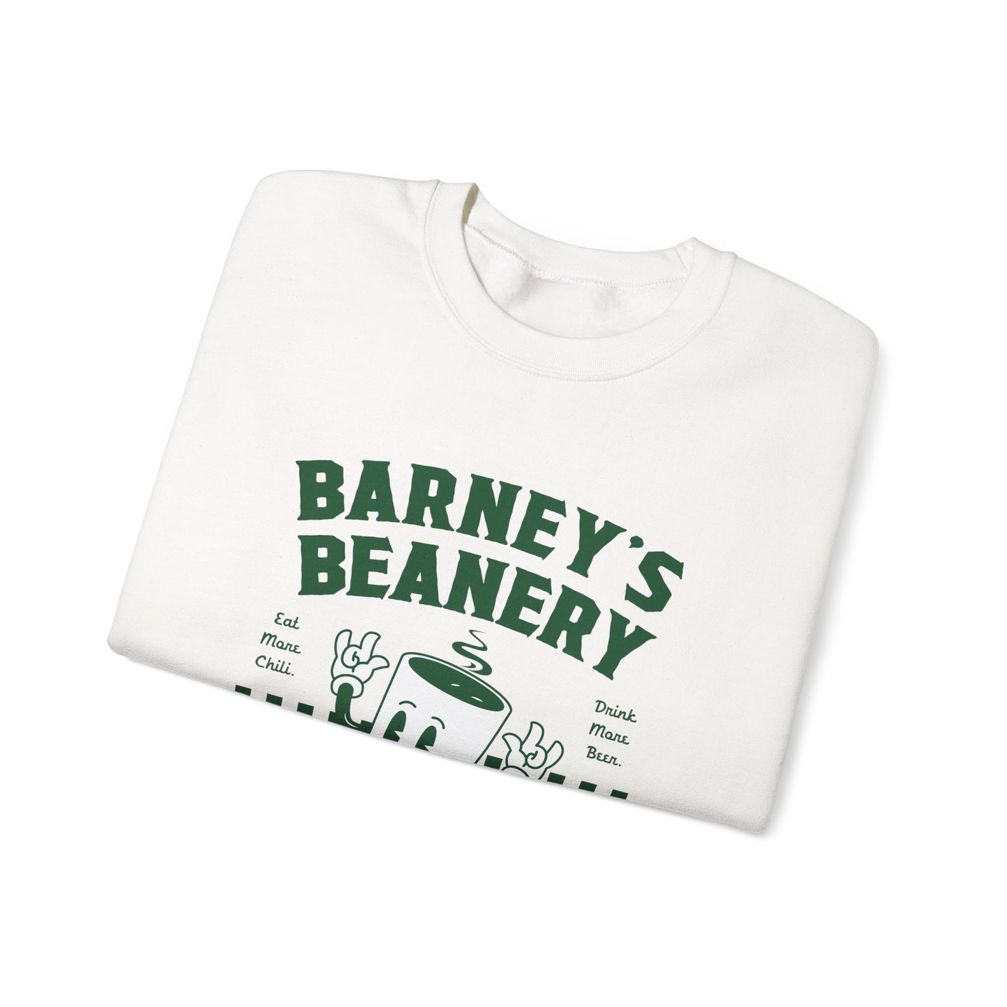 Eat More Chili. Drink More Beer. BARNEY'S BEANERY Green - Mens Retro Graphic Sweatshirt | Gildan 18000