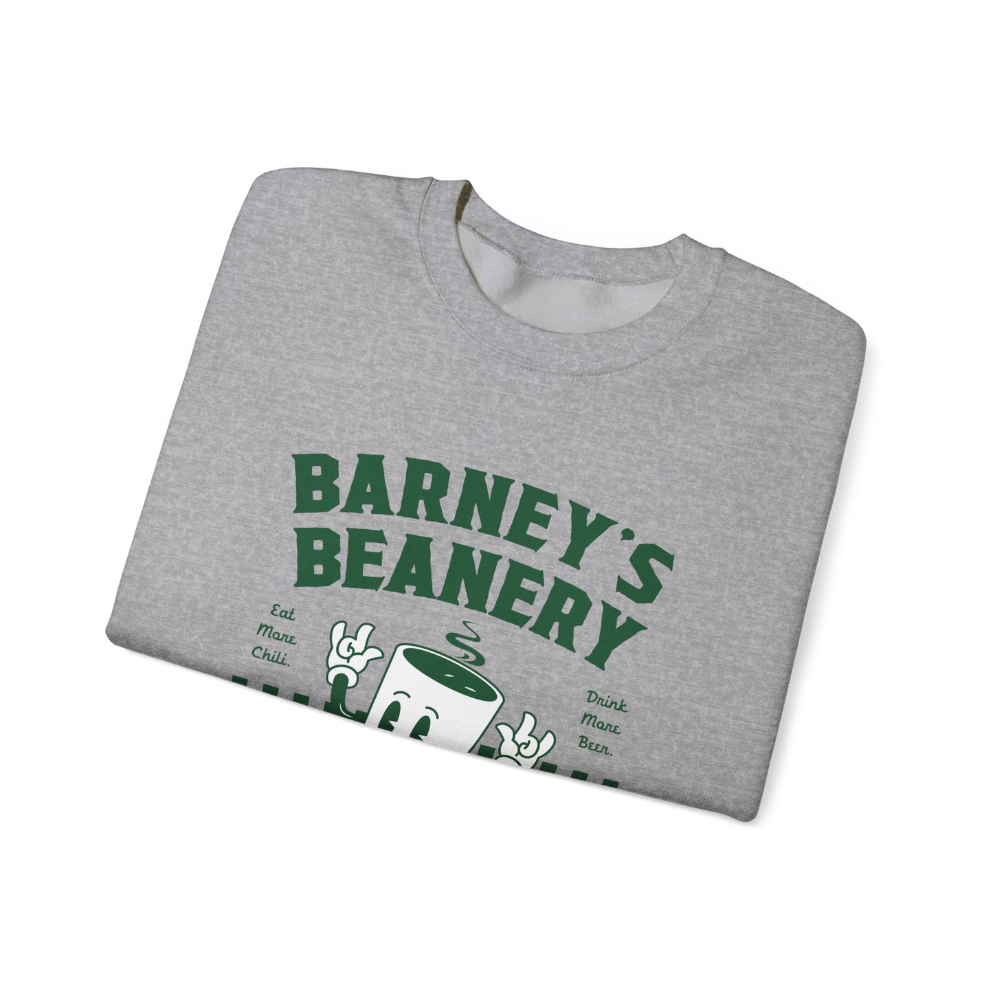 Eat More Chili. Drink More Beer. BARNEY'S BEANERY Green - Mens Retro Graphic Sweatshirt | Gildan 18000