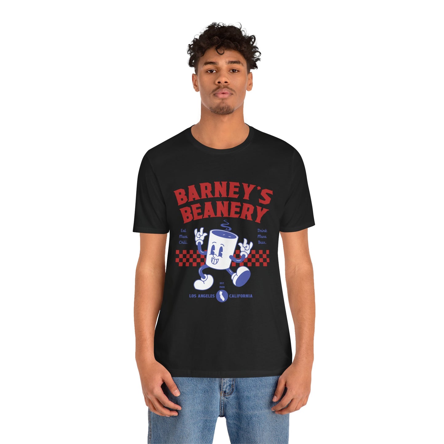 Eat More Chili. Drink More Beer. BARNEY'S BEANERY Red & Blue - Mens Retro Graphic Tee | Bella + Canvas 3001 - Retro Character On FRONT