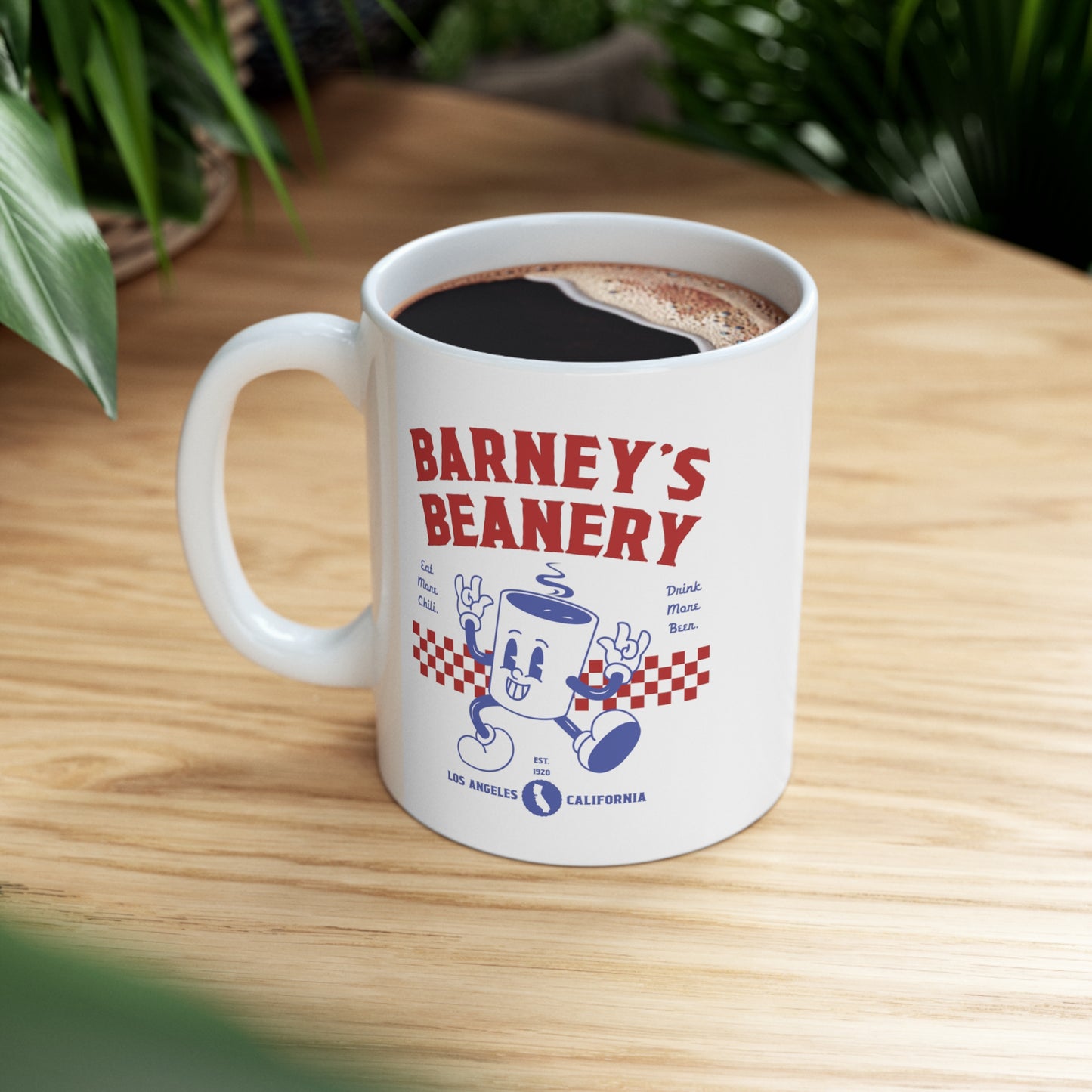 Eat More Chili. Drink More Beer. | BARNEY'S BEANERY - Red & Blue Coffee Mug 11oz