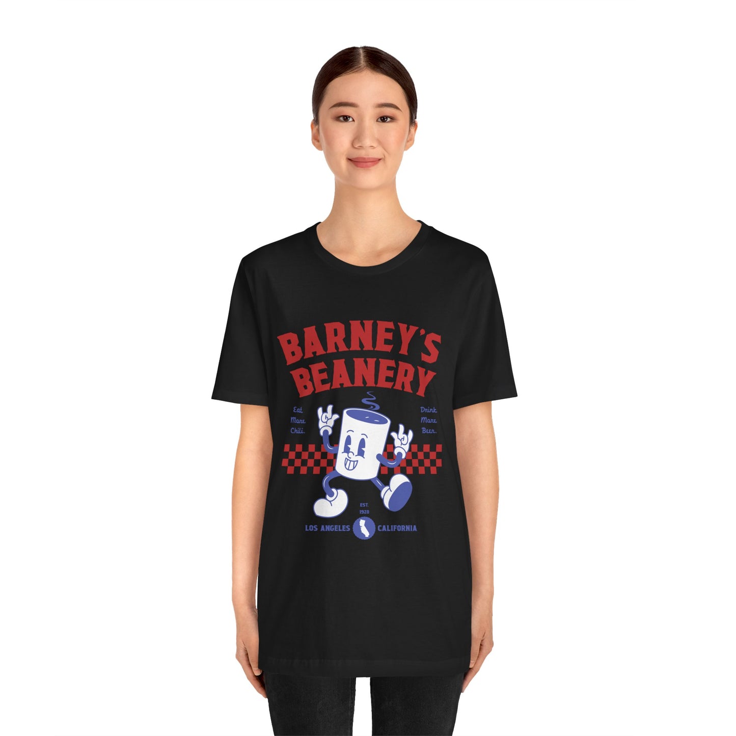 Eat More Chili. Drink More Beer. BARNEY'S BEANERY Red & Blue - Mens Retro Graphic Tee | Bella + Canvas 3001 - Retro Character On FRONT