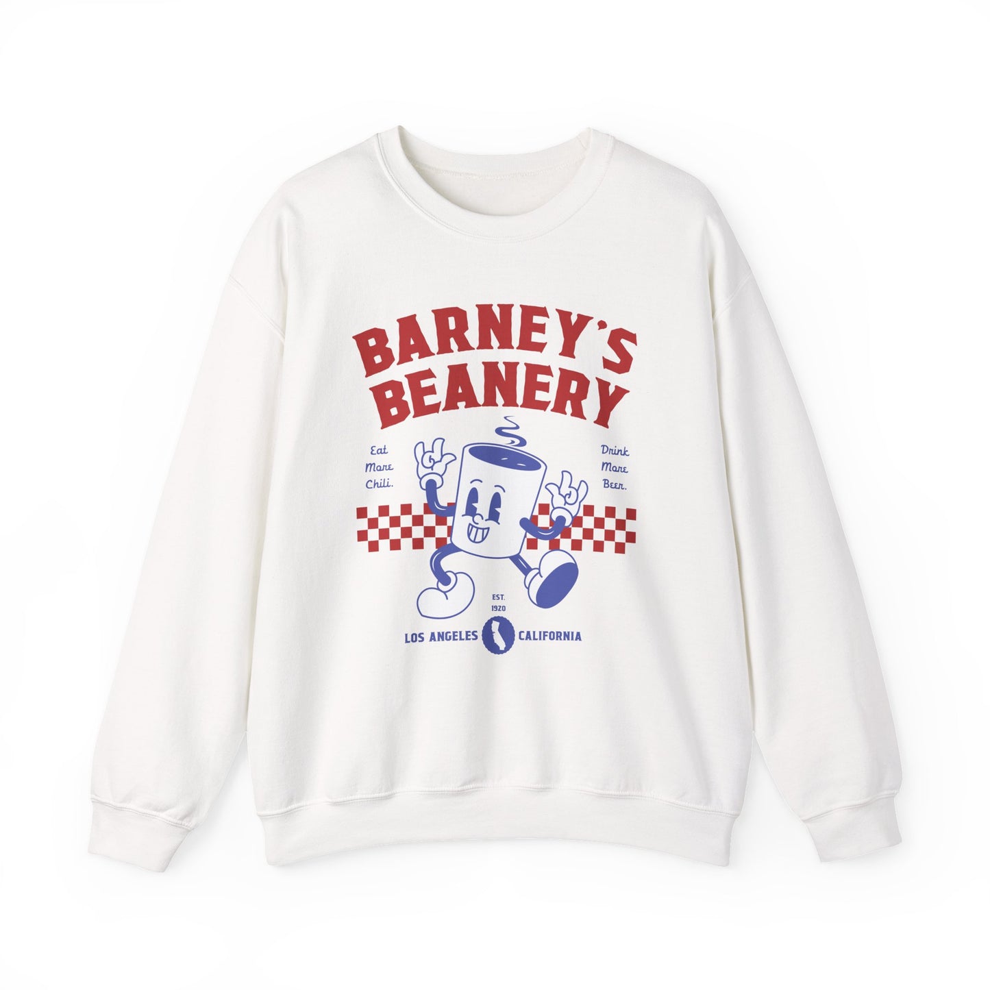 Eat More Chili. Drink More Beer. BARNEY'S BEANERY Red & Blue - Mens Retro Graphic Sweatshirt | Gildan 18000