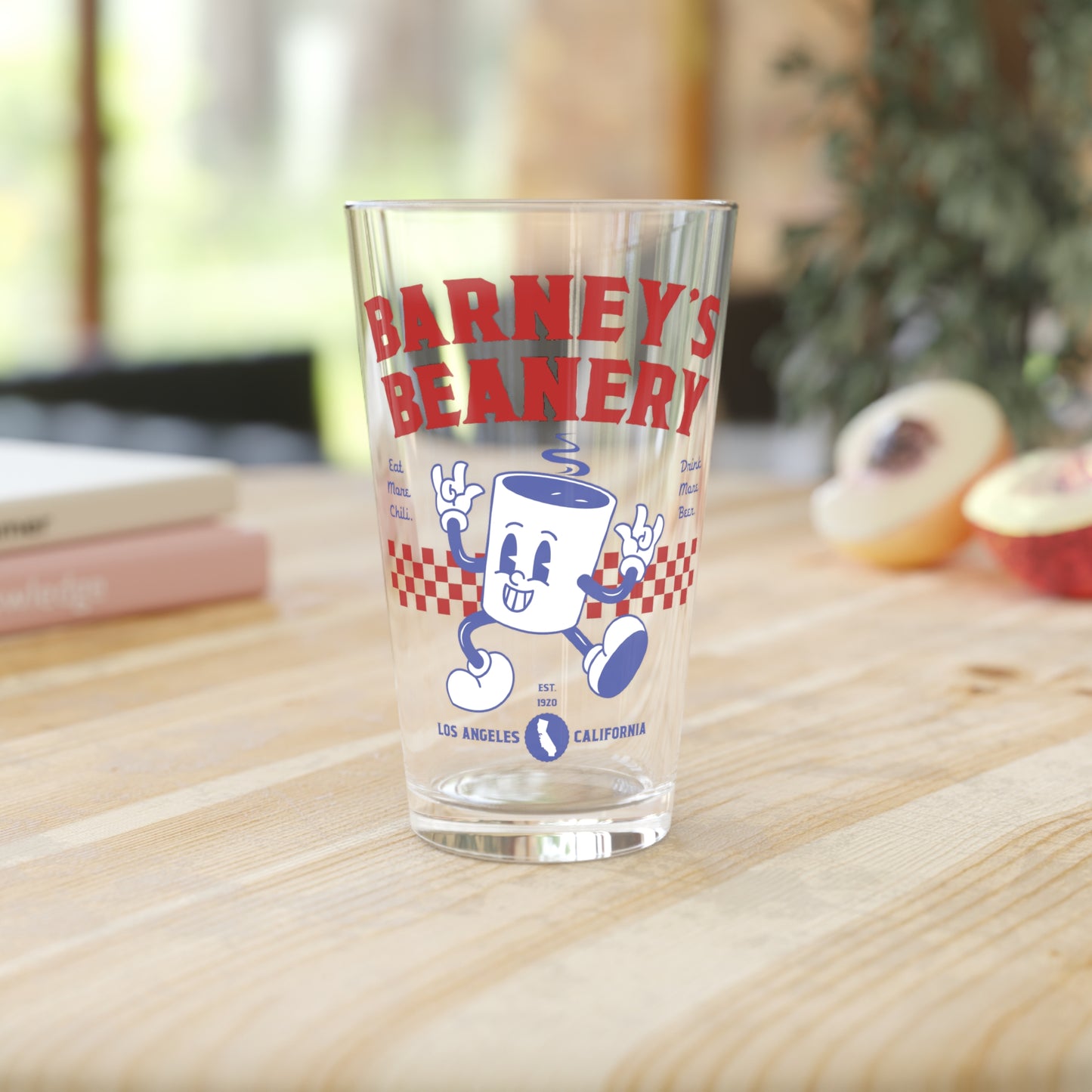 Eat More Chili. Drink More Beer. | BARNEY'S BEANERY - Red & Blue Pint Glass 16oz