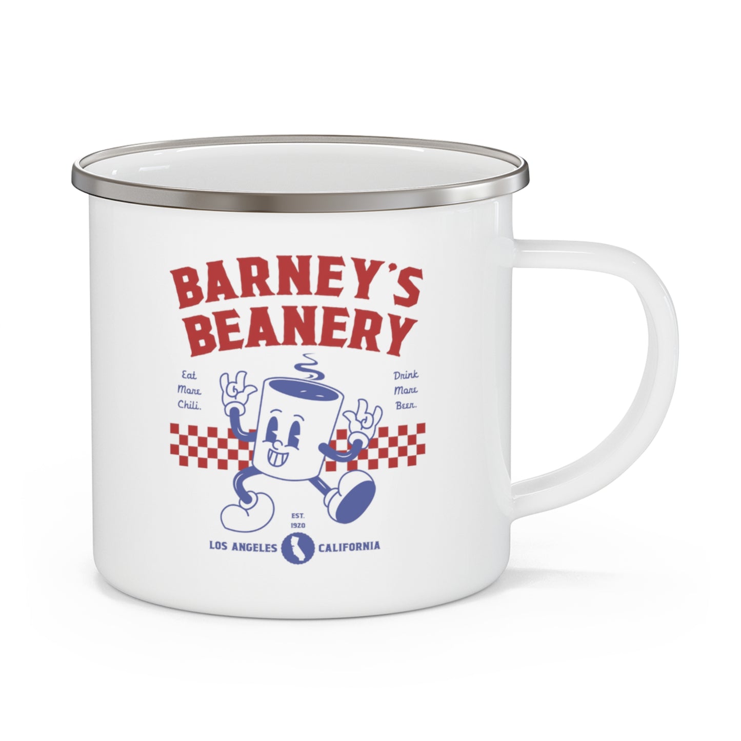Eat More Chili. Drink More Beer. | BARNEY'S BEANERY - Red & Blue Camping Mug 12oz