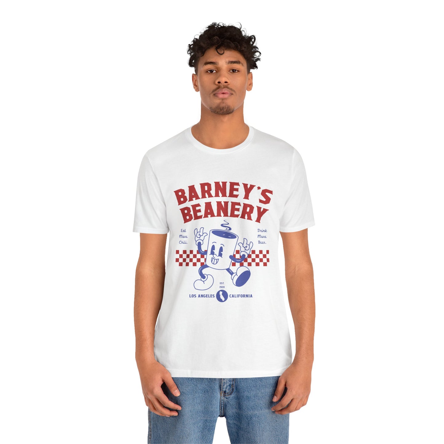 Eat More Chili. Drink More Beer. BARNEY'S BEANERY Red & Blue - Mens Retro Graphic Tee | Bella + Canvas 3001 - Retro Character On FRONT