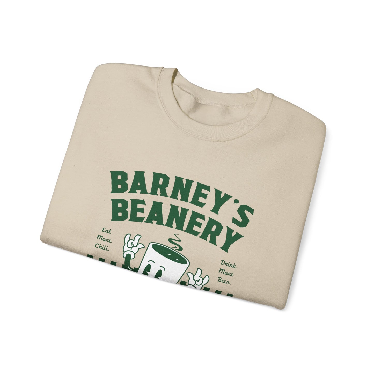 Eat More Chili. Drink More Beer. BARNEY'S BEANERY Green - Mens Retro Graphic Sweatshirt | Gildan 18000