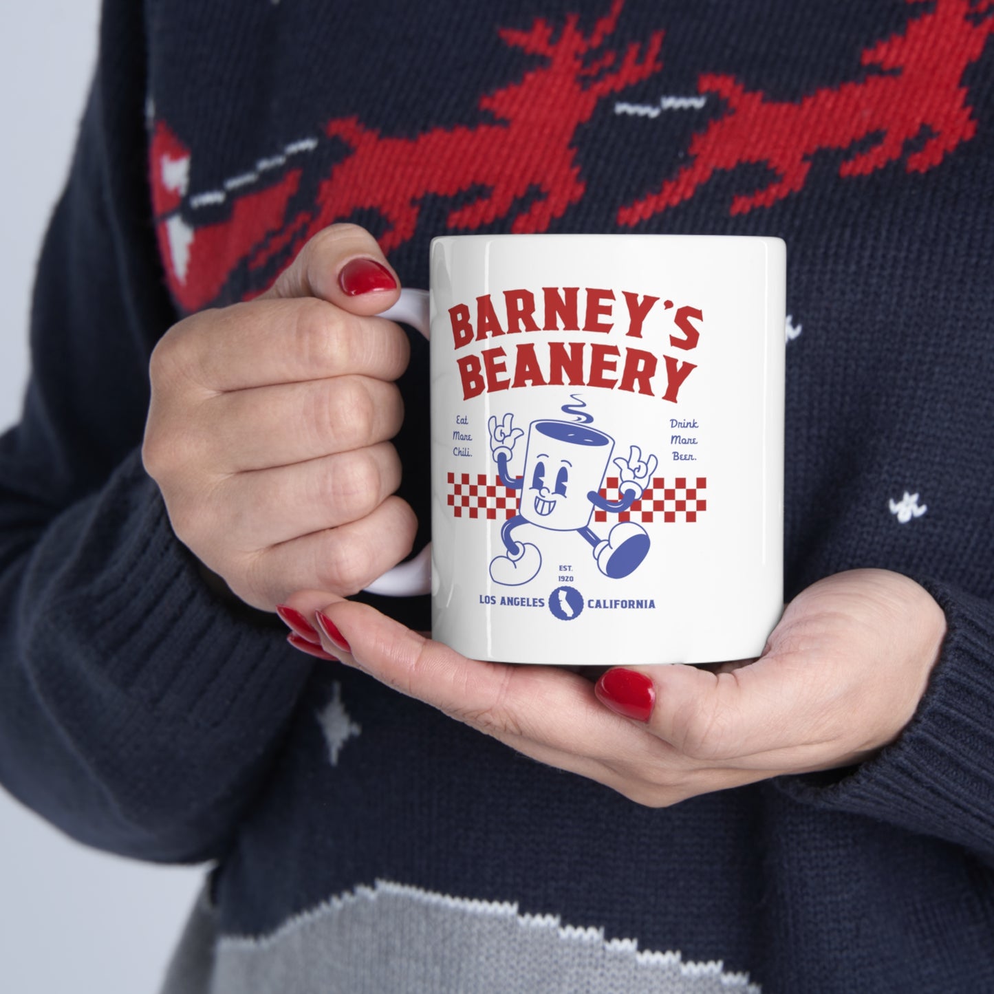 Eat More Chili. Drink More Beer. | BARNEY'S BEANERY - Red & Blue Coffee Mug 11oz