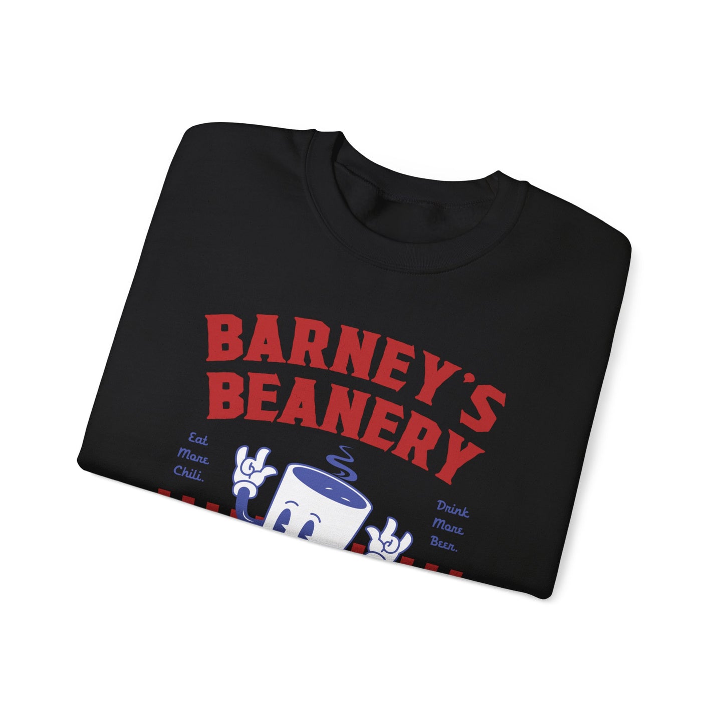 Eat More Chili. Drink More Beer. BARNEY'S BEANERY Red & Blue - Mens Retro Graphic Sweatshirt | Gildan 18000