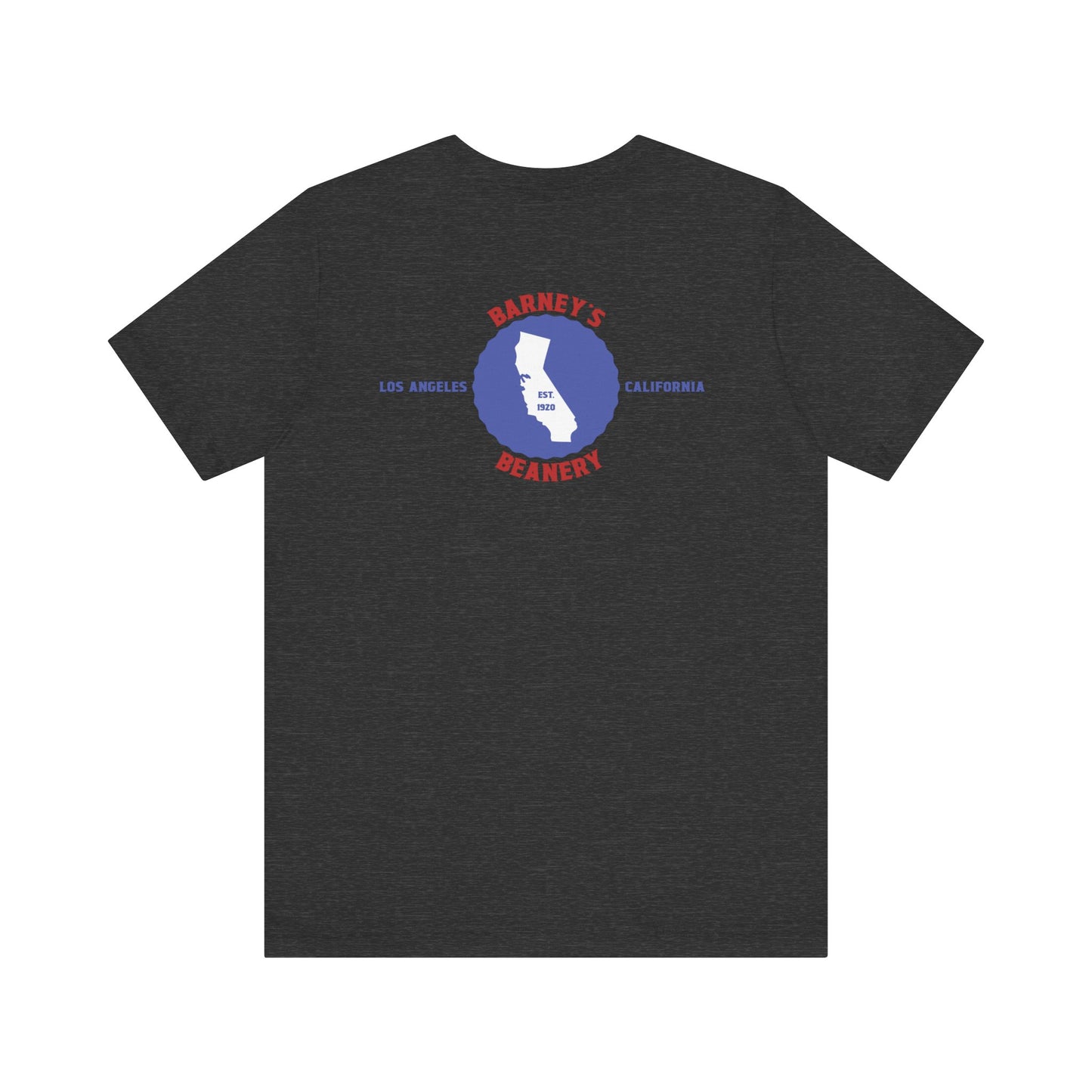 Eat More Chili. Drink More Beer. BARNEY'S BEANERY Red & Blue - Mens Retro Graphic Tee | Bella + Canvas 3001 - Retro Character On FRONT