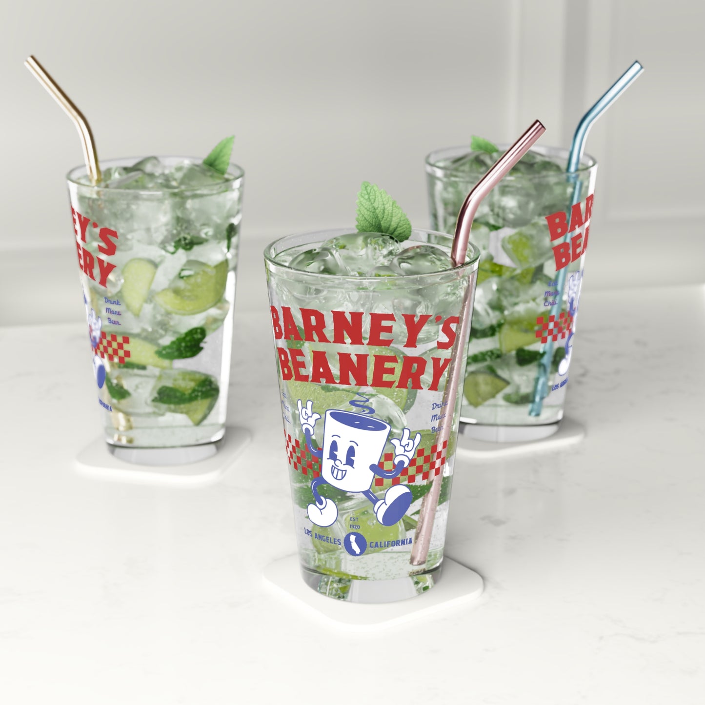 Eat More Chili. Drink More Beer. | BARNEY'S BEANERY - Red & Blue Pint Glass 16oz